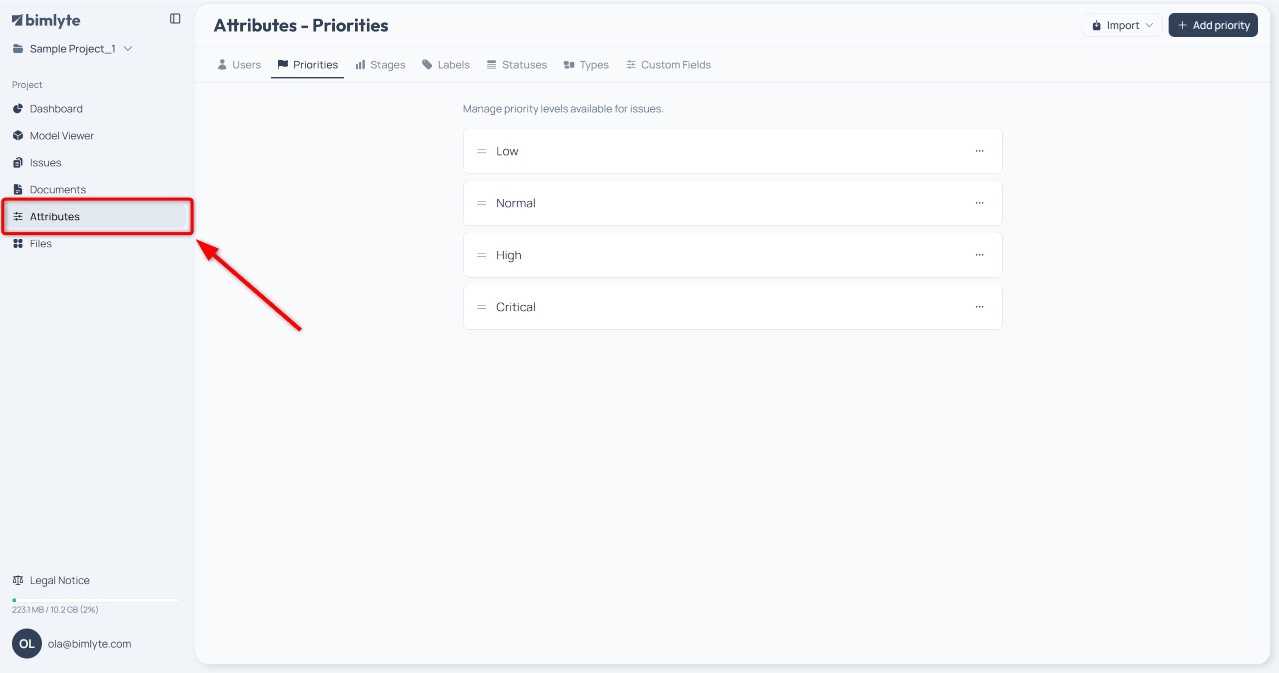 A Bimlyte project open on the Attributes page, reached from Attributes in the sidebar