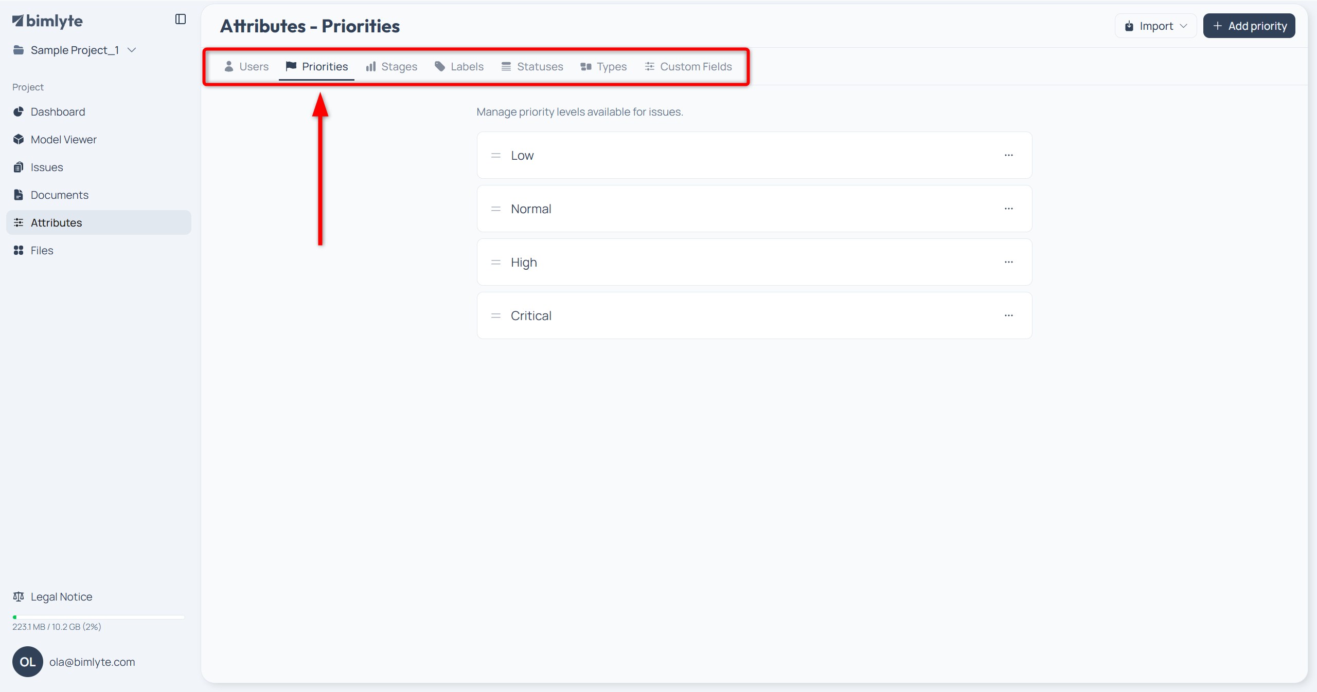 The attribute tabs on the Attributes page — Statuses, Priorities, Types, Stages, Labels and Users
