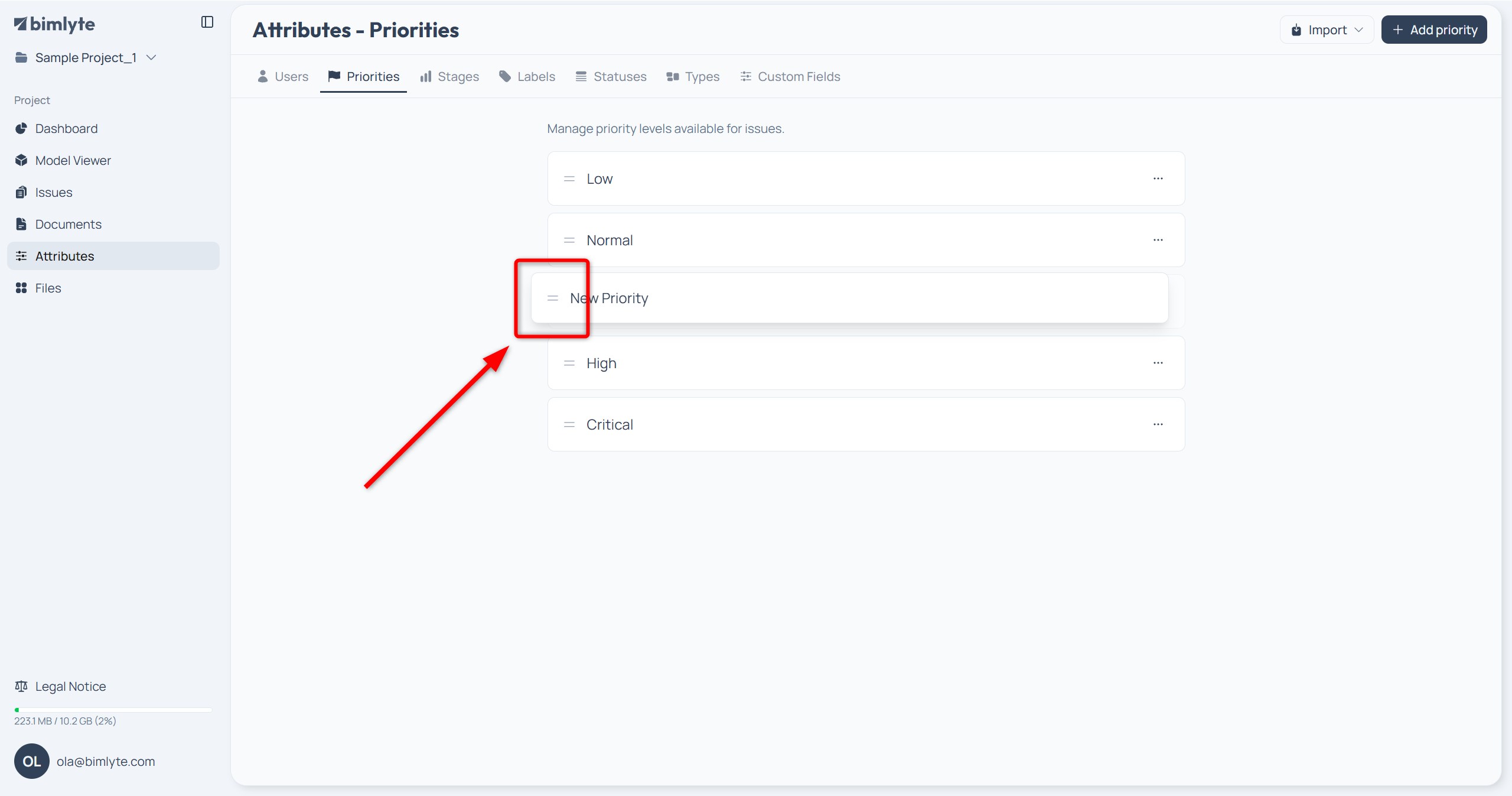 An attribute value being dragged by its handle to reorder the list