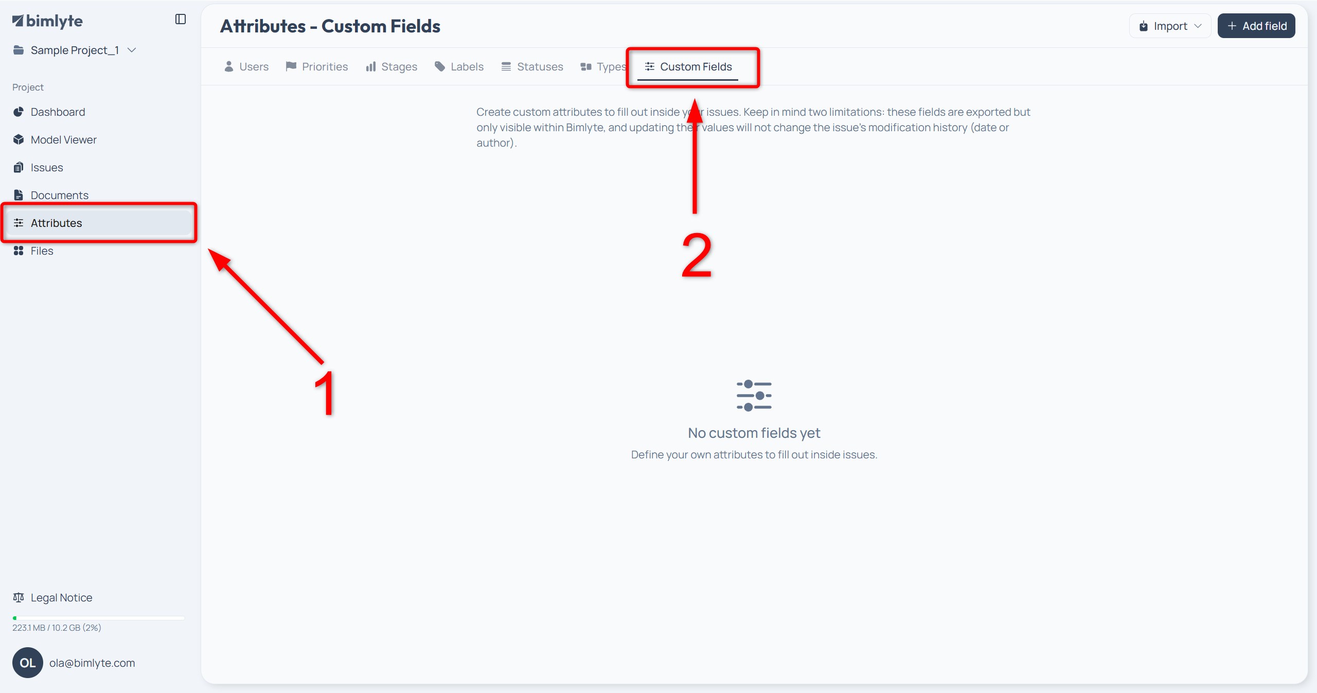 The Custom Fields tab of the Attributes page