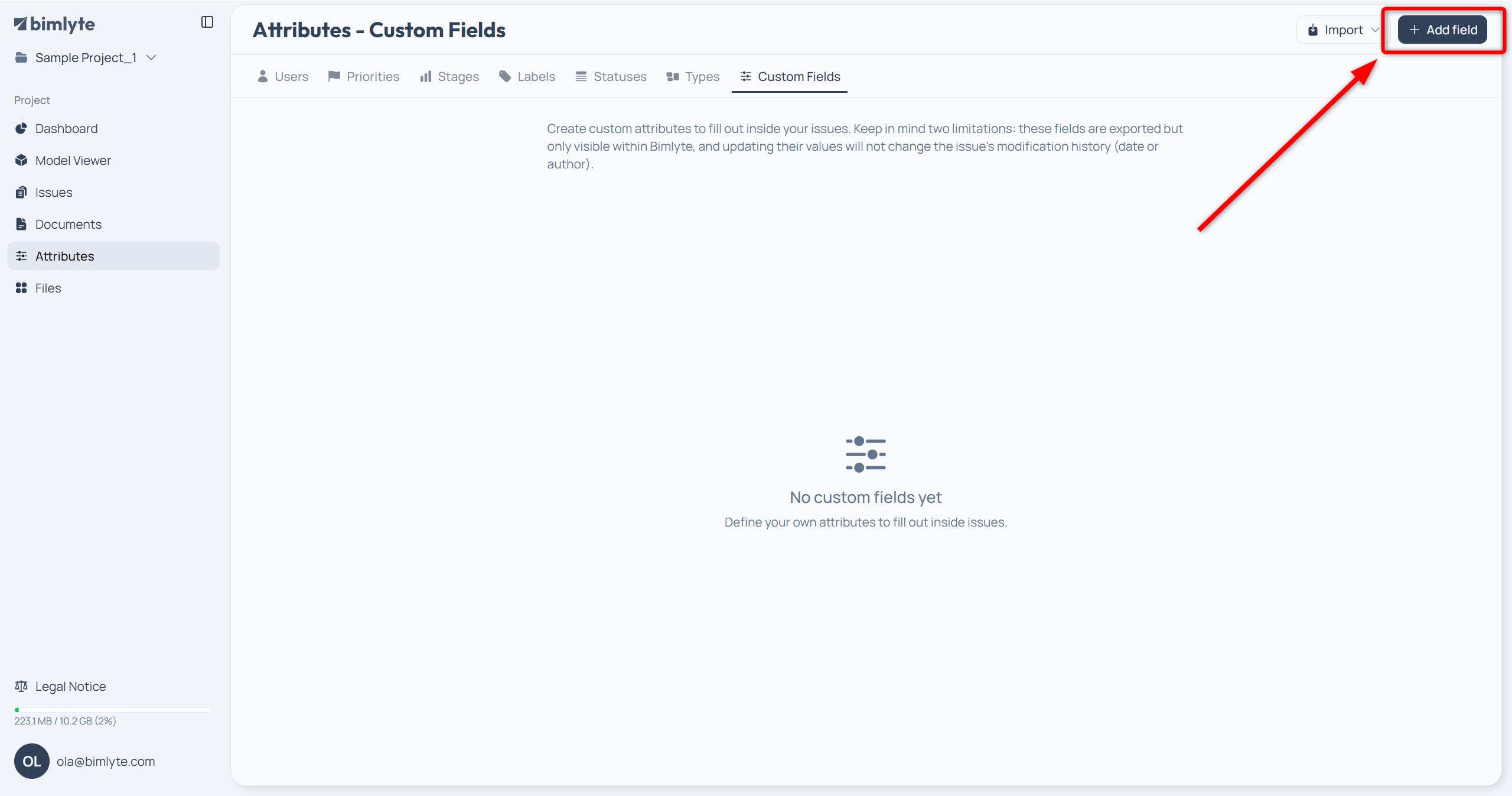 The + Add field button in the top-right of the Custom Fields tab
