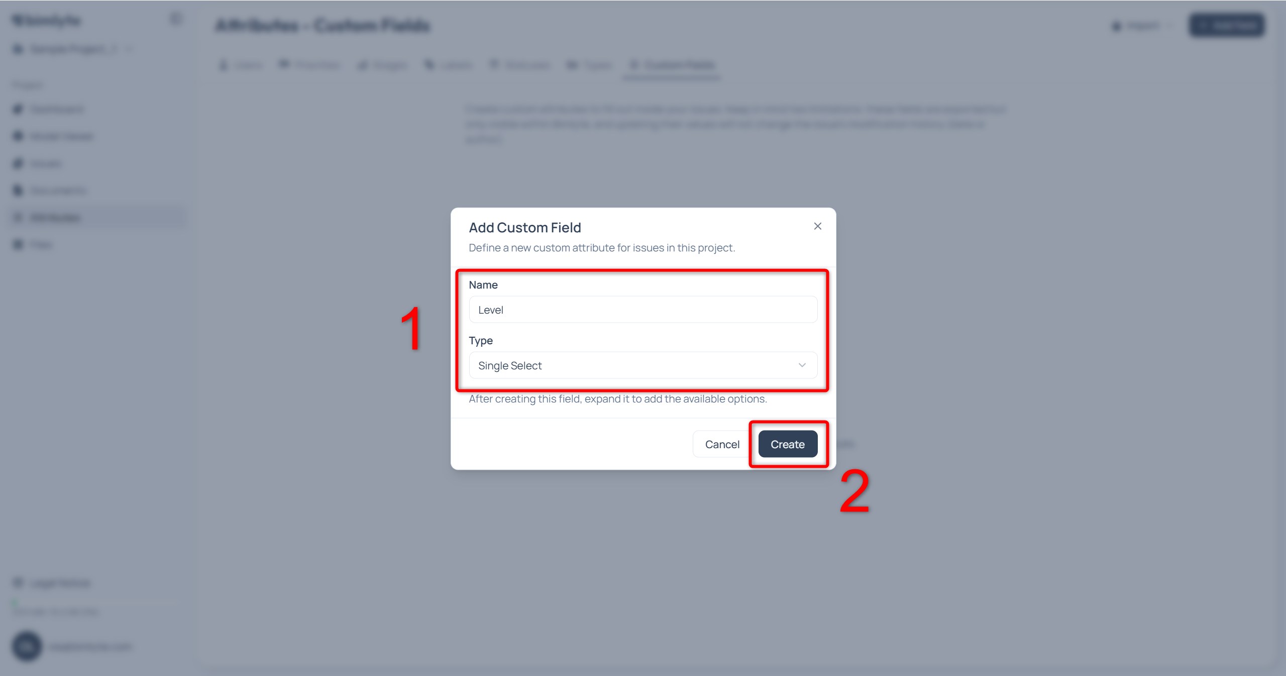 The new field dialog with a name entered and the type list — Text, Number, Date, Single select and Multiple select