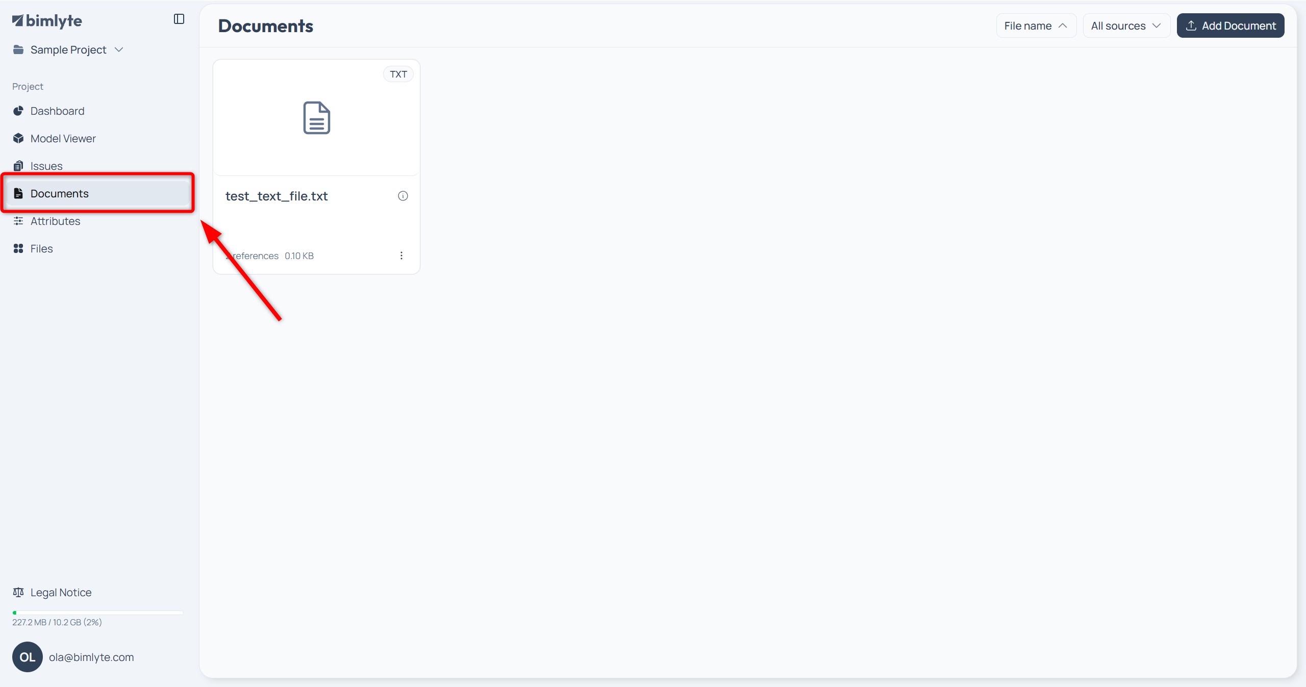 A Bimlyte project open on the Documents page, reached from Documents in the sidebar