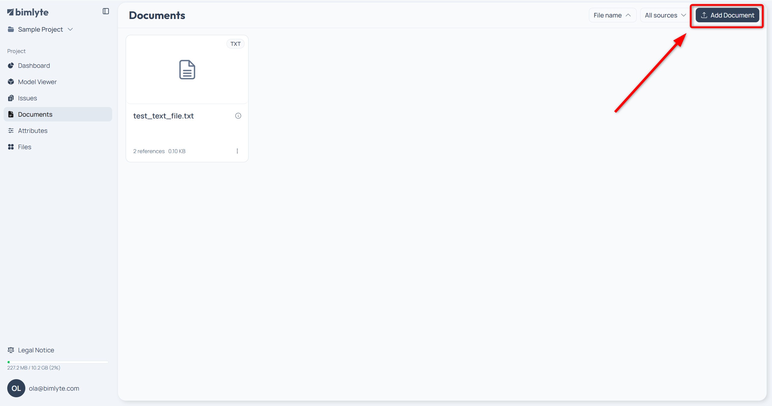 The Add document button on the Documents page