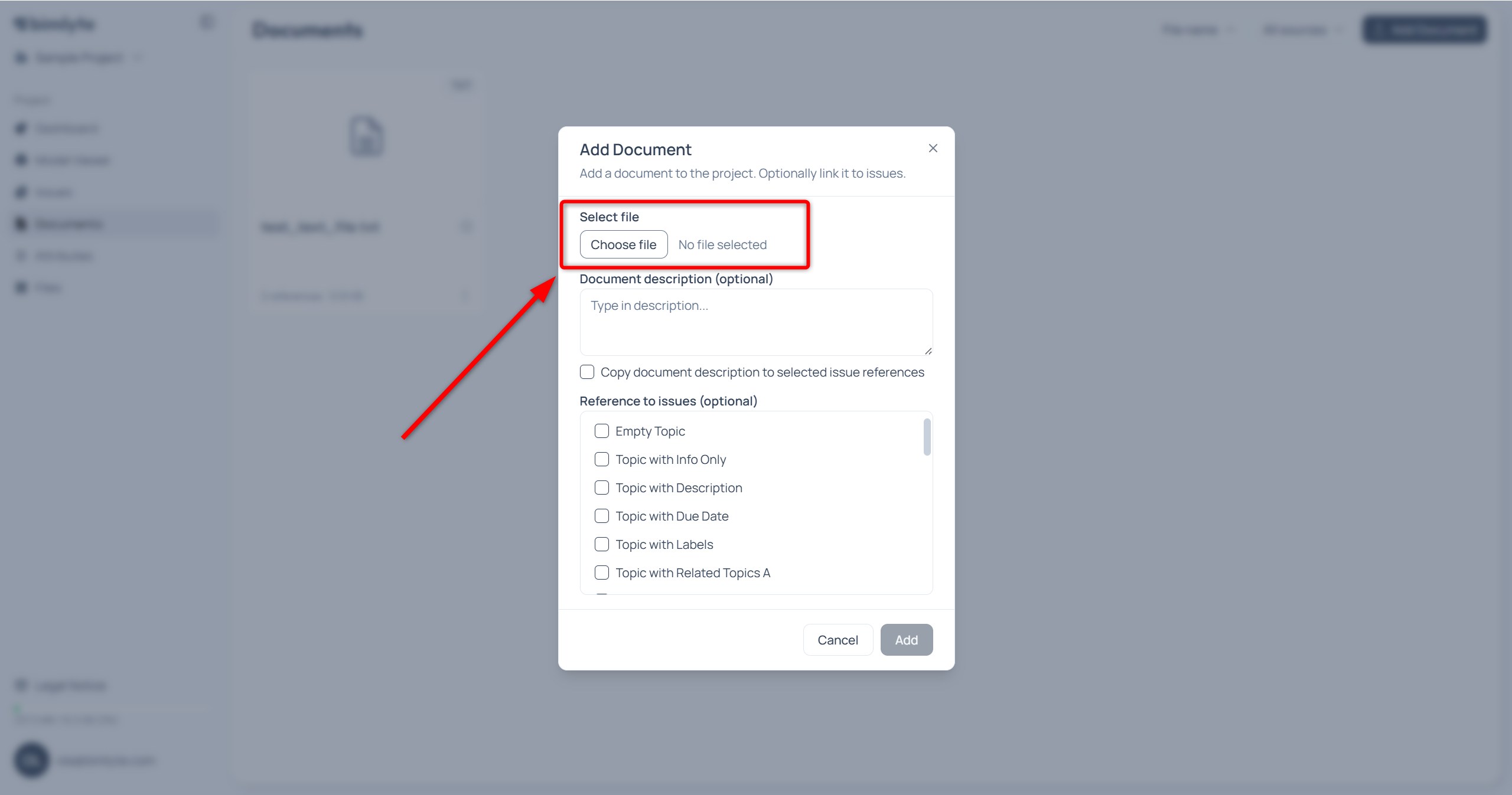 The file picker in the Add document dialog, choosing a document from the computer