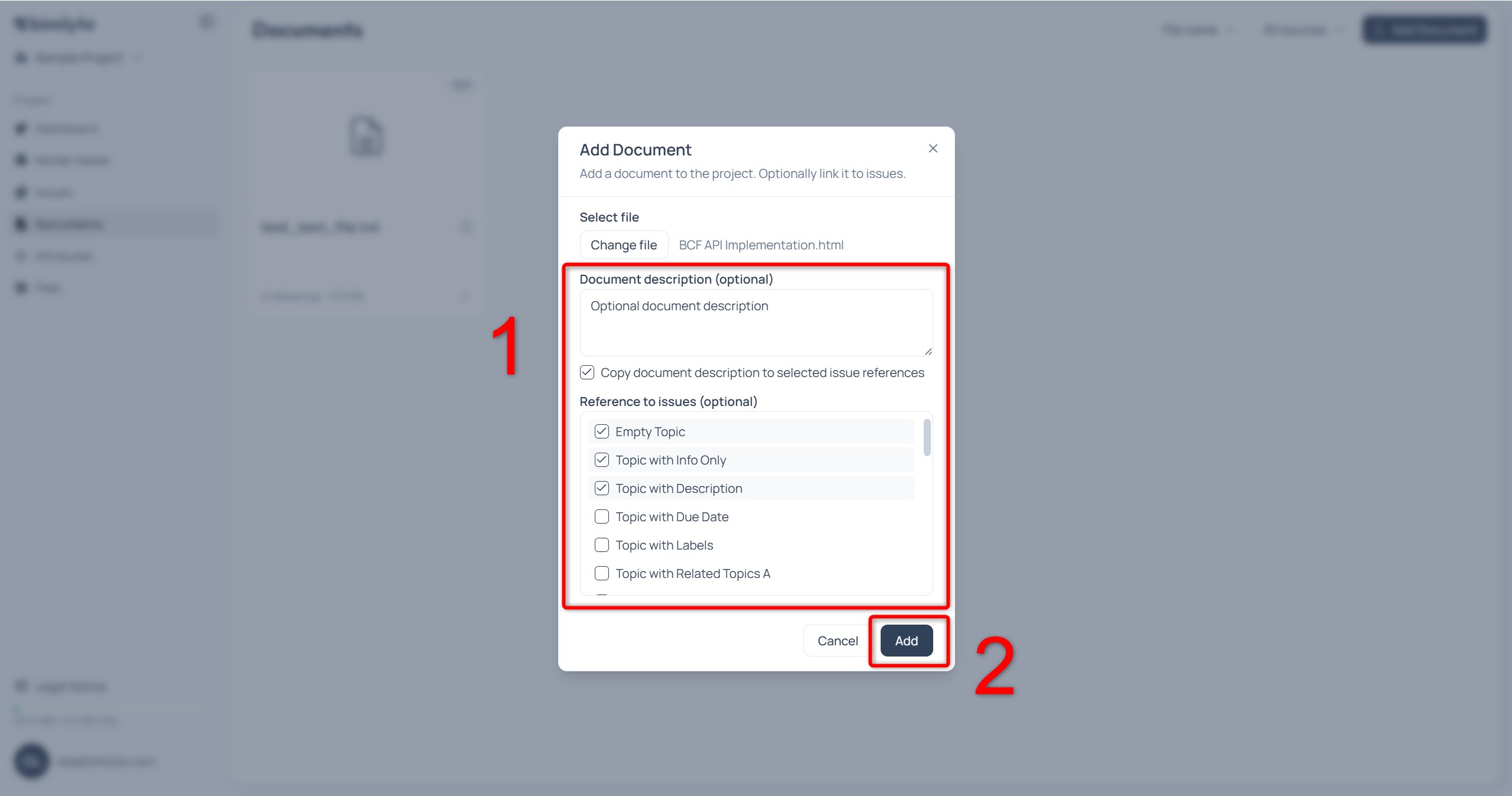 The Add document dialog with the optional description and the issues to reference it in