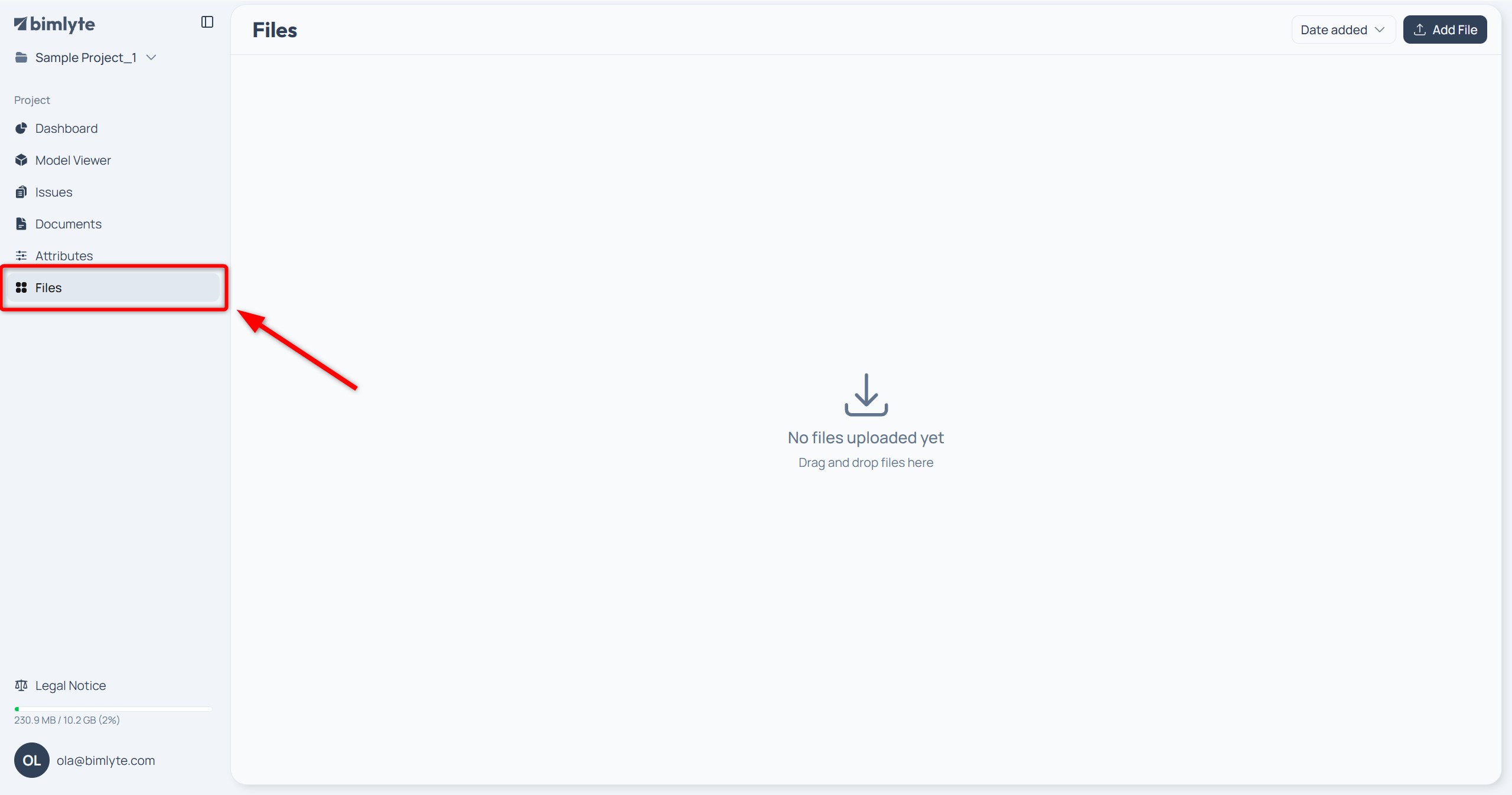 A Bimlyte project open on the Files page, reached from Files in the sidebar