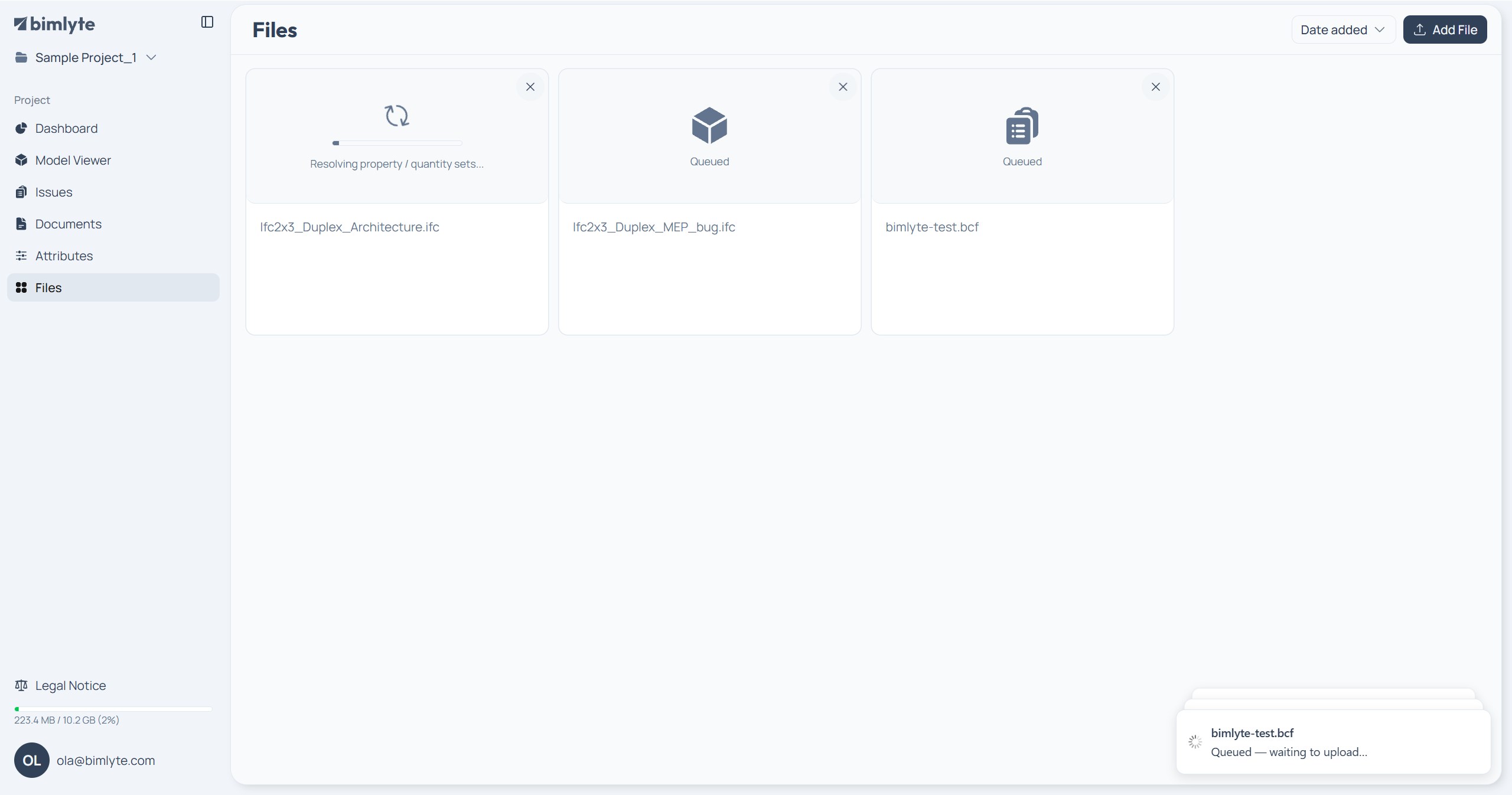 File cards on the Files page showing load progress, each with an X to cancel