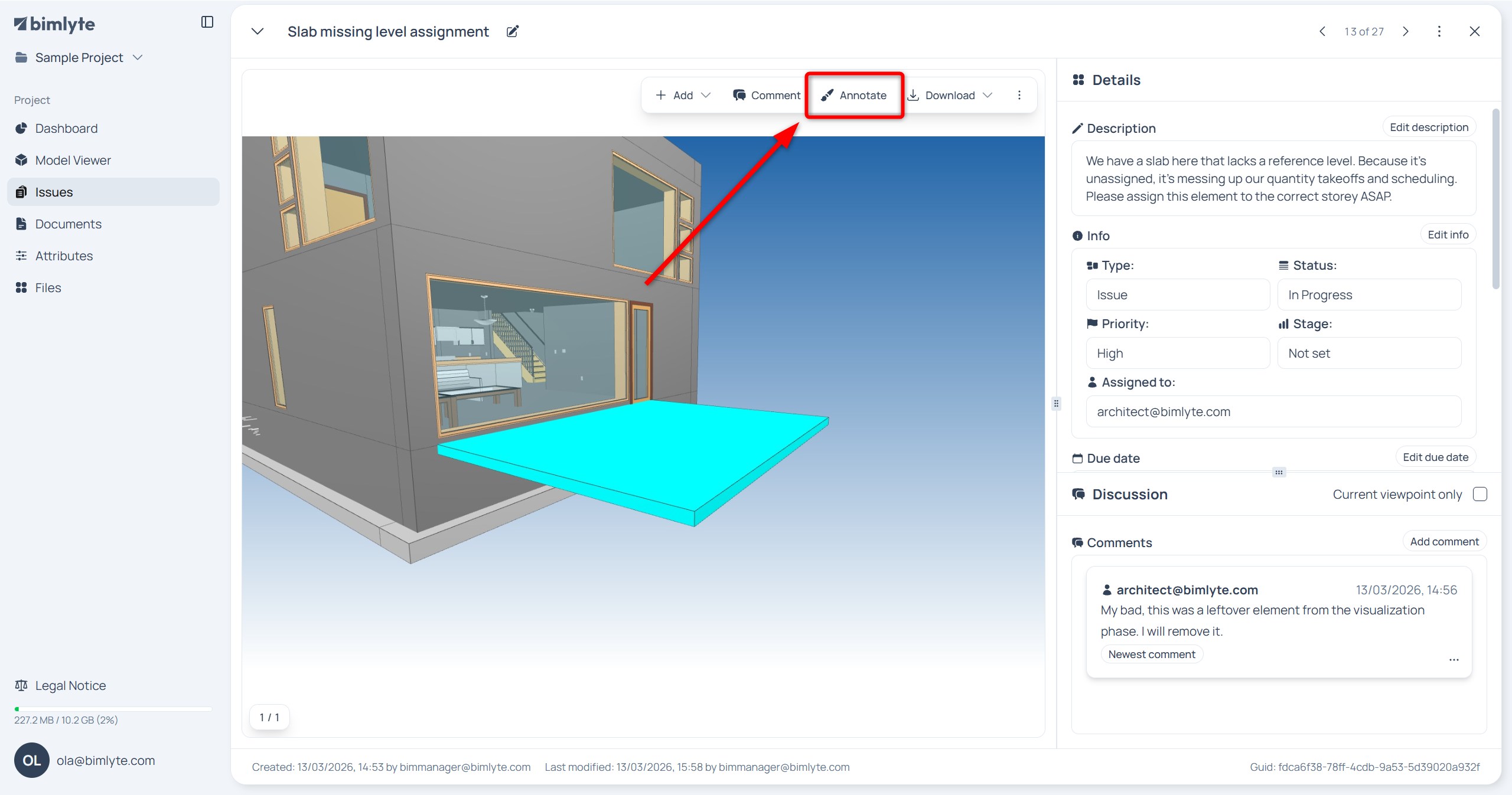 The Annotate button in the toolbar at the top-right of the viewpoints section