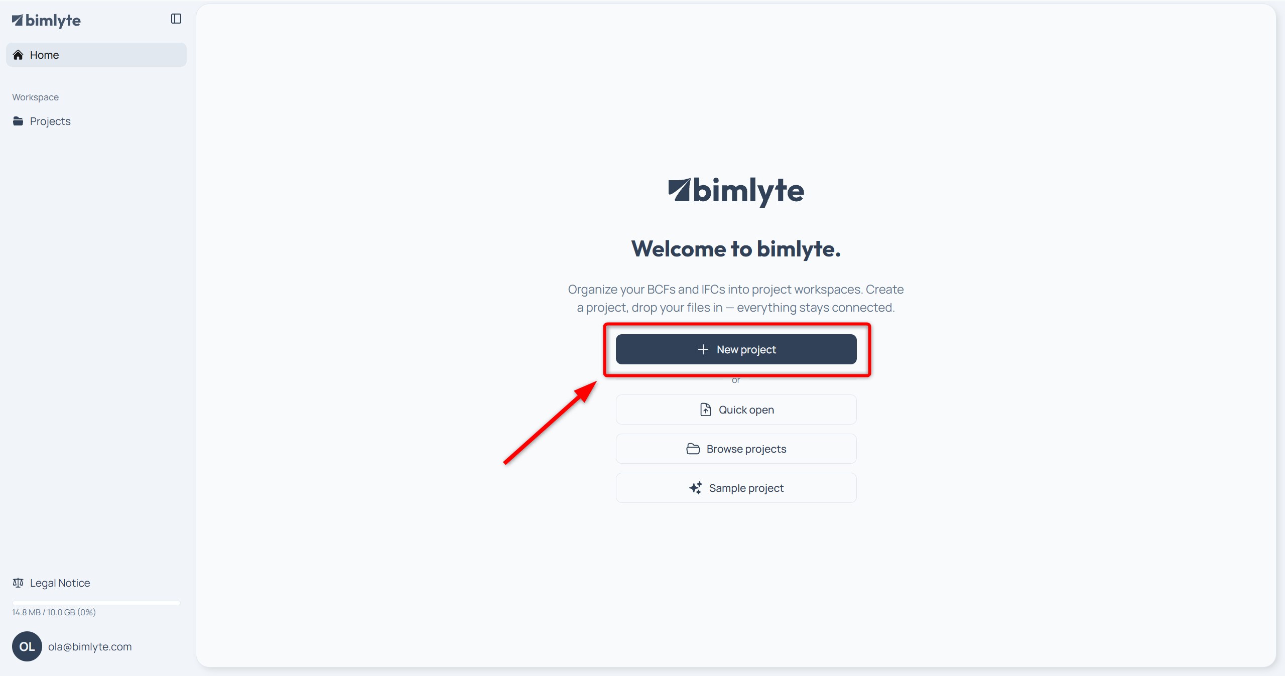 The Bimlyte Home screen with the + New project button in the toolbar