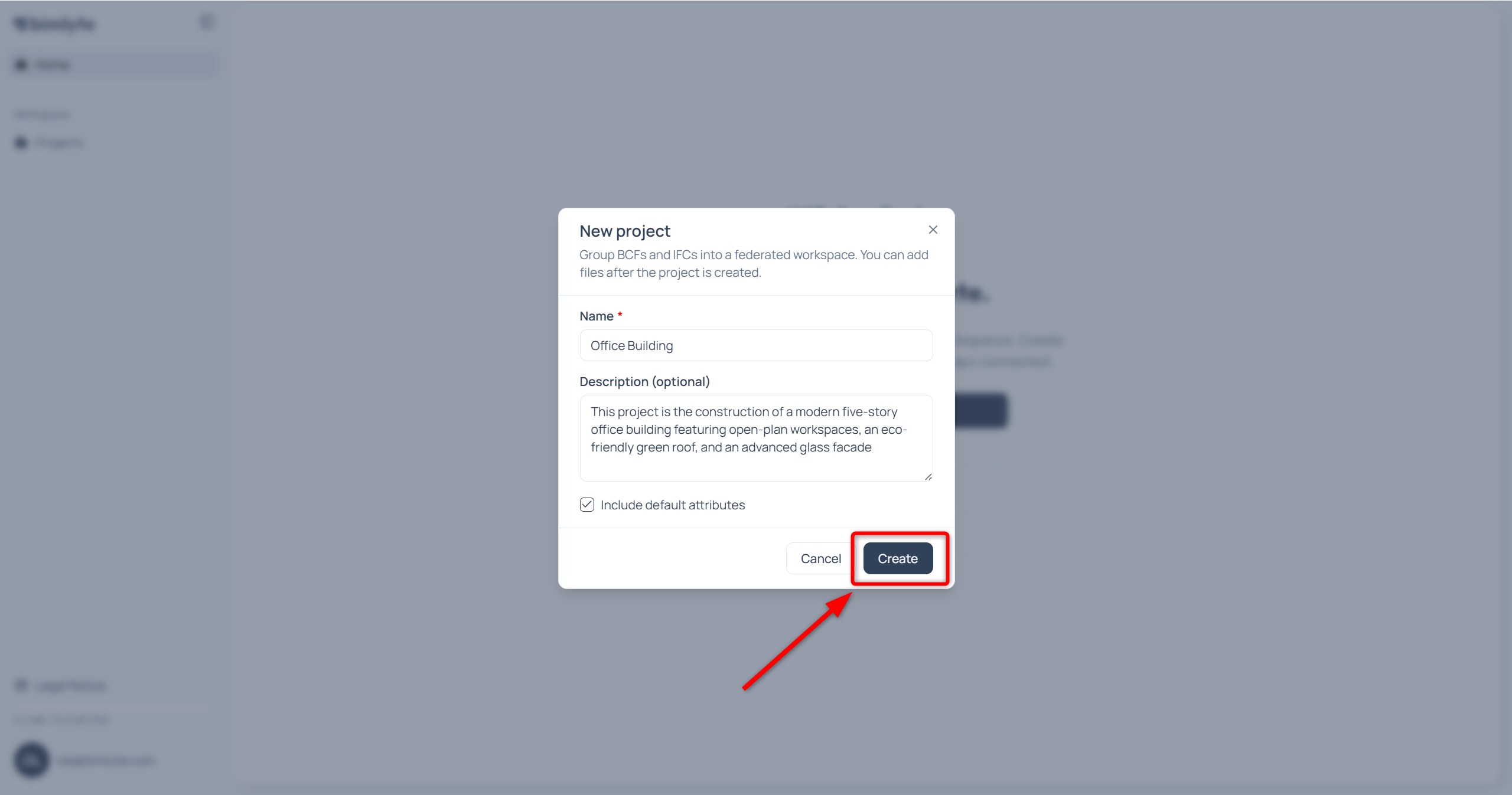 The New project dialog with a name entered and the Include default attributes option ticked