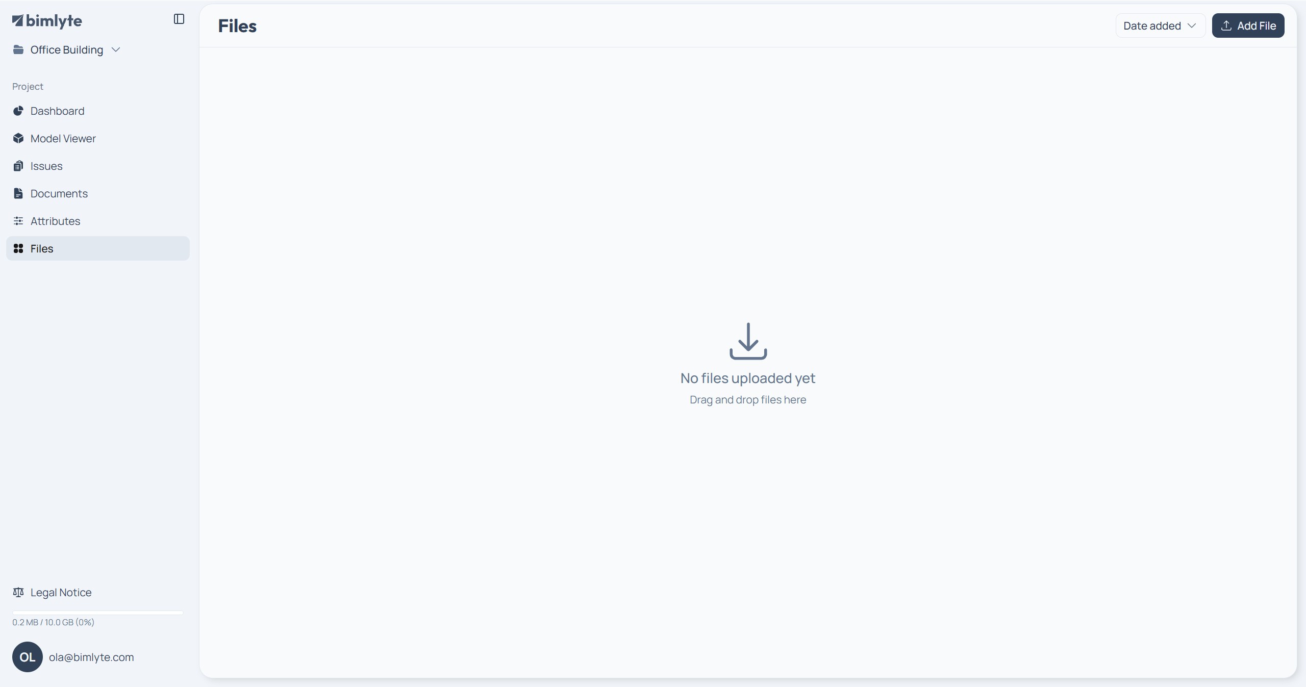 The new project open on its Files page, ready for IFC models and BCF issues