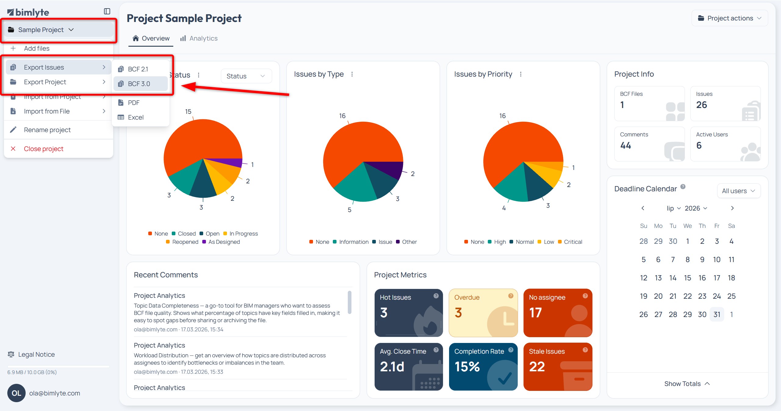 The sidebar project menu with the Export issues dropdown open on BCF 2.1 and BCF 3.0