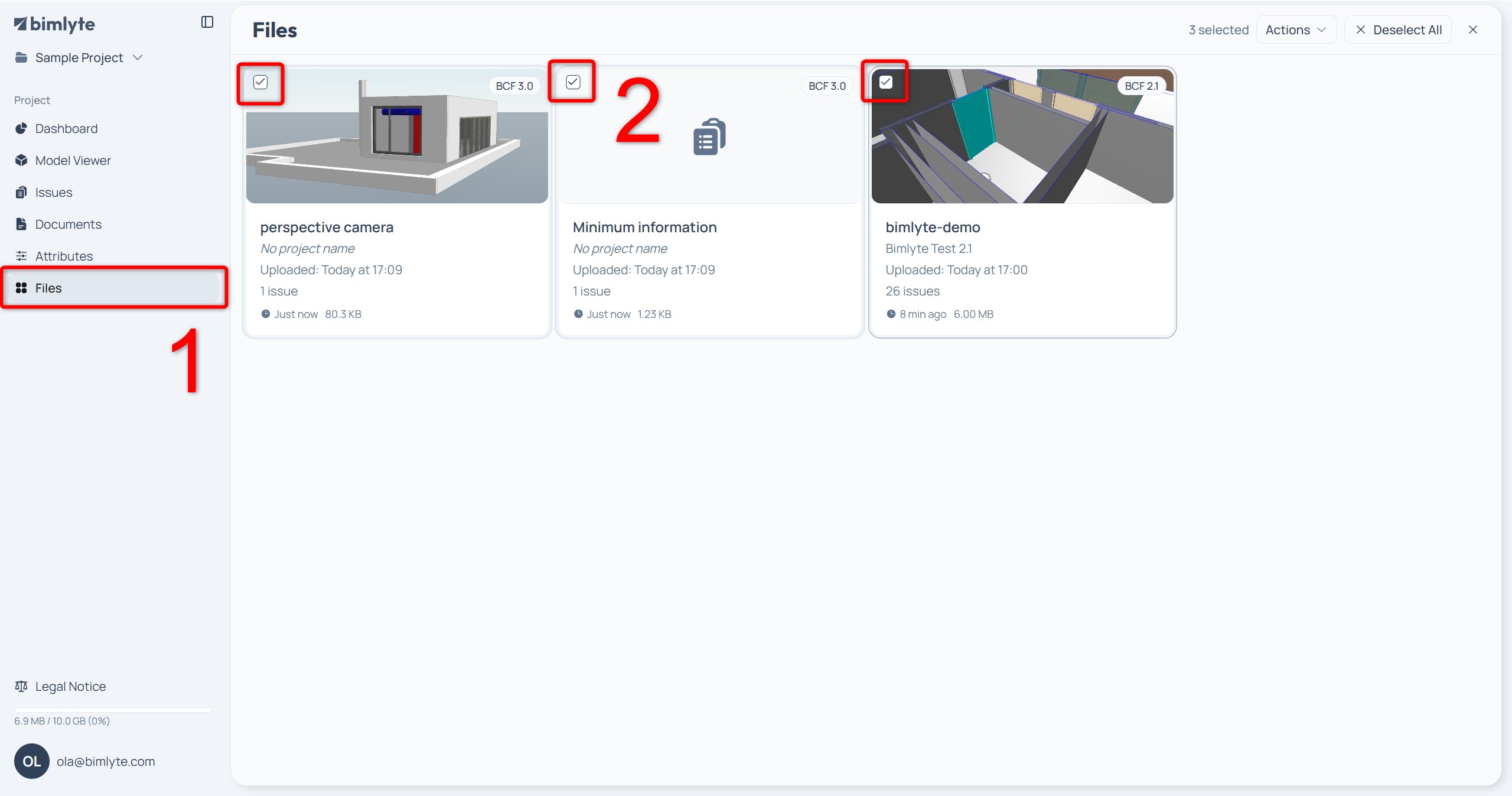BCF file cards on the Files page showing the selection checkbox and the three-dots menu