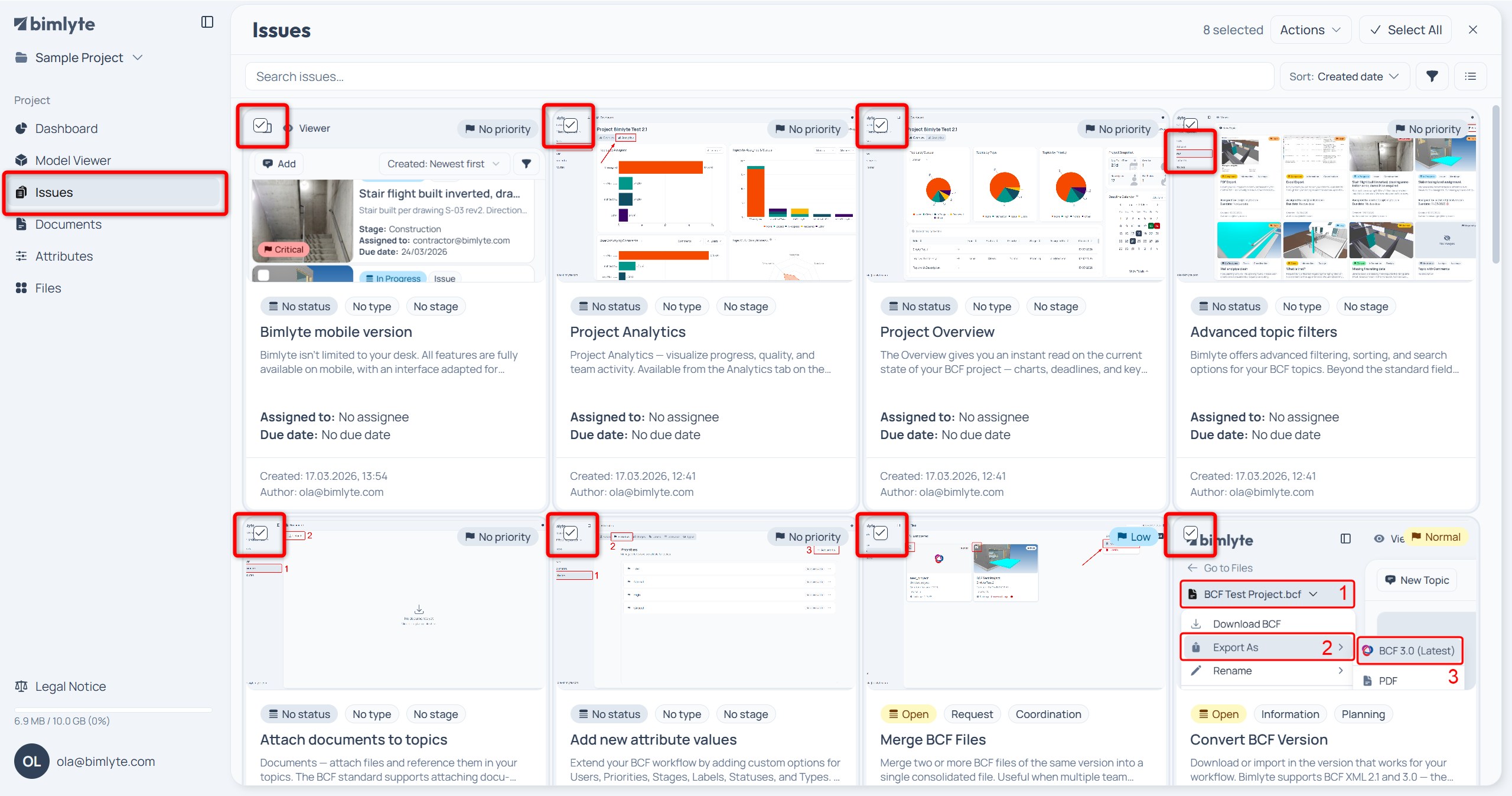 The Issues page with several issues ticked and the Actions menu open in the toolbar