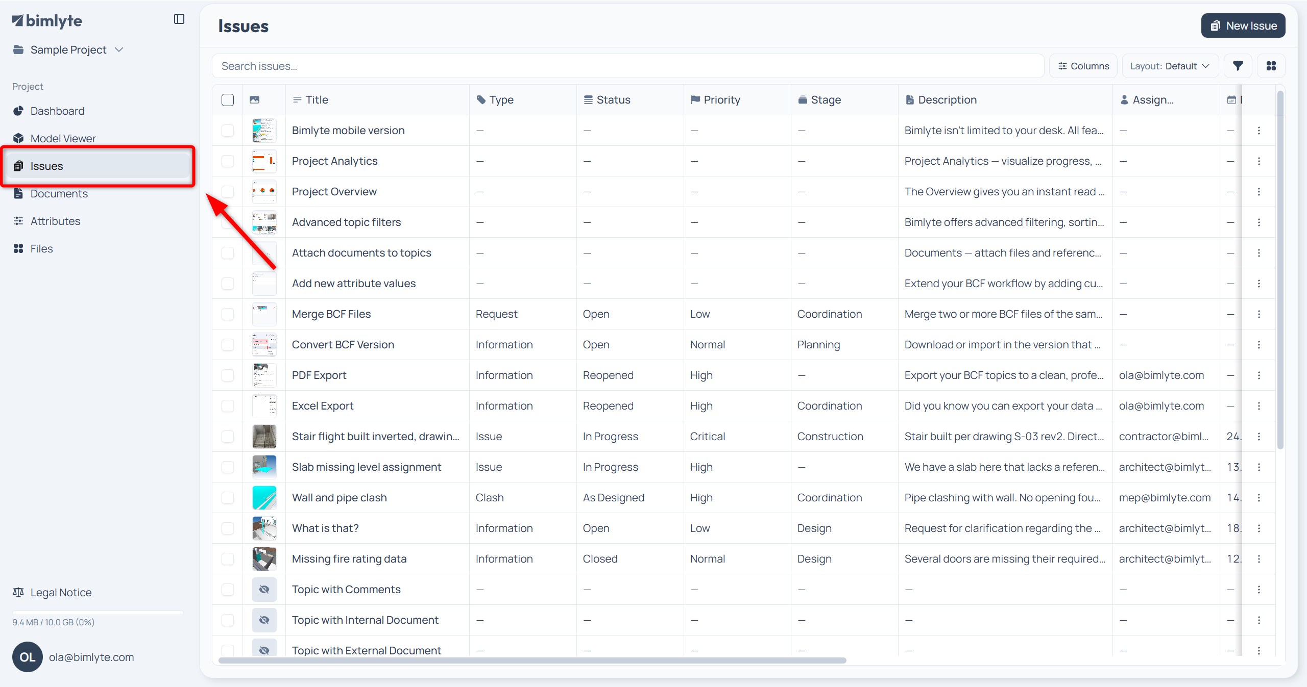 The Issues page of a Bimlyte project before picking issues to export