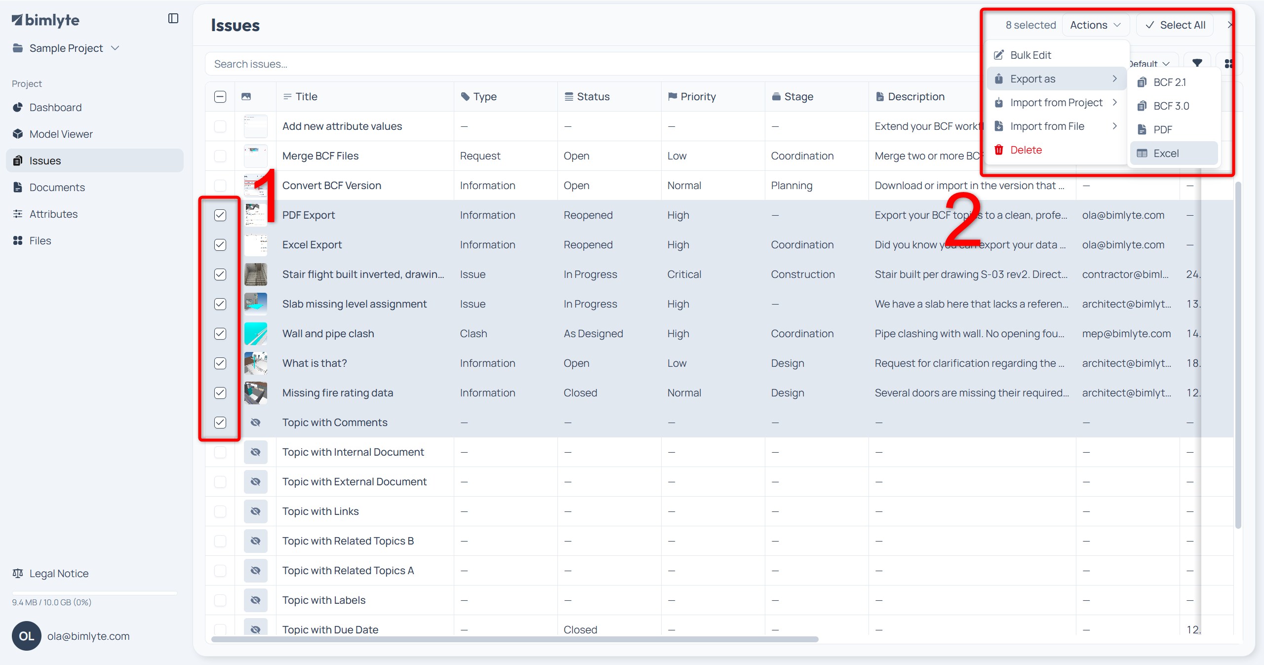 Issues ticked on the Issues page with the Actions menu open on Export as Excel