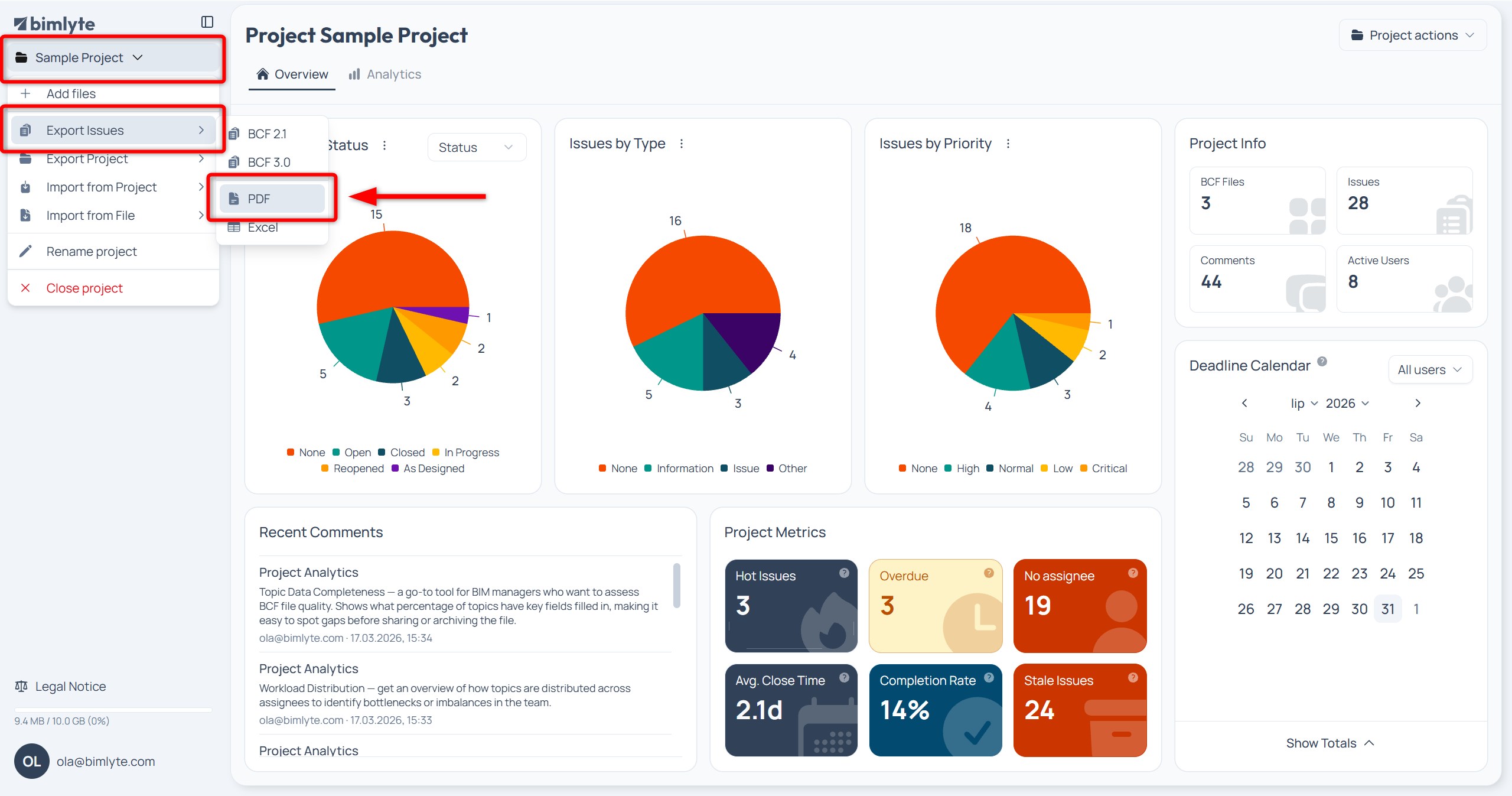 The sidebar project menu with the Export issues dropdown open on PDF