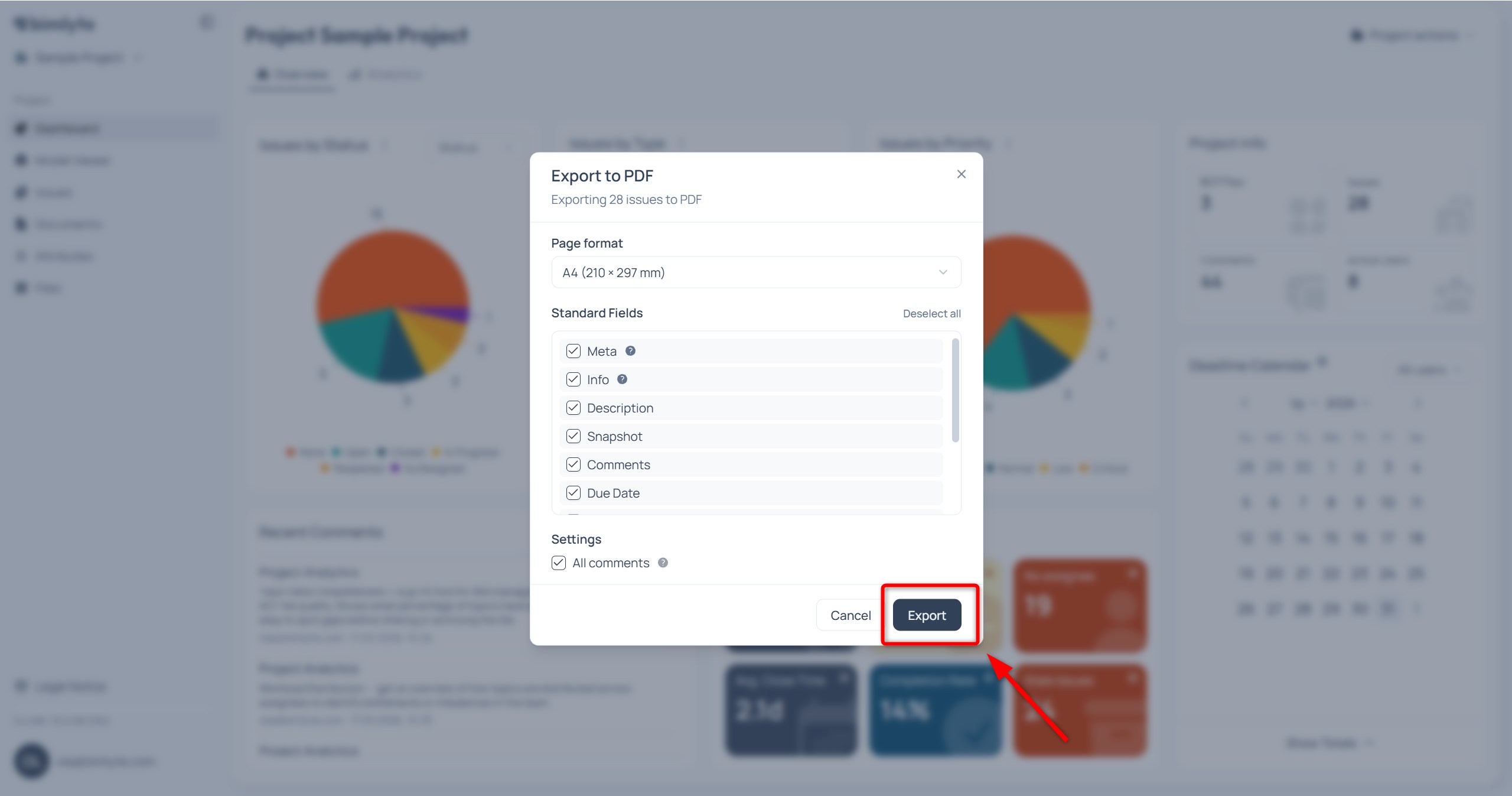 The PDF export dialog showing page size, the field checkboxes and the recent-comments setting