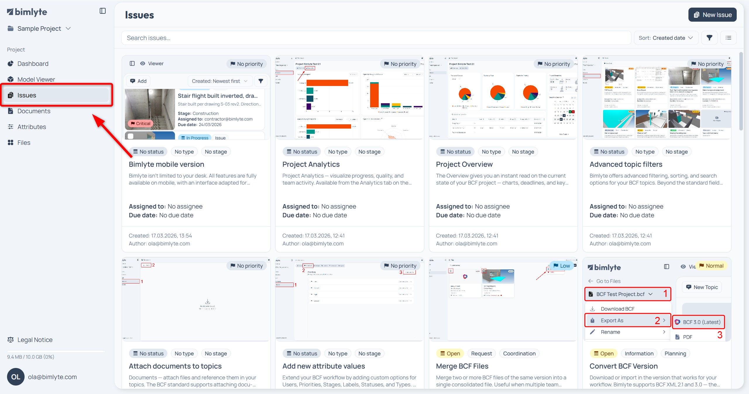 The Issues page of a Bimlyte project, listing its BCF issues