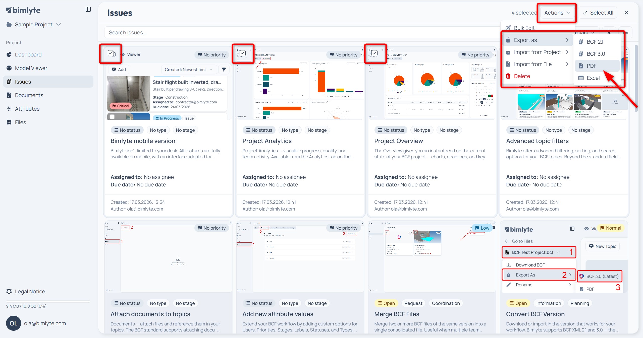 Issues ticked on the Issues page with the Actions menu open on Export as PDF
