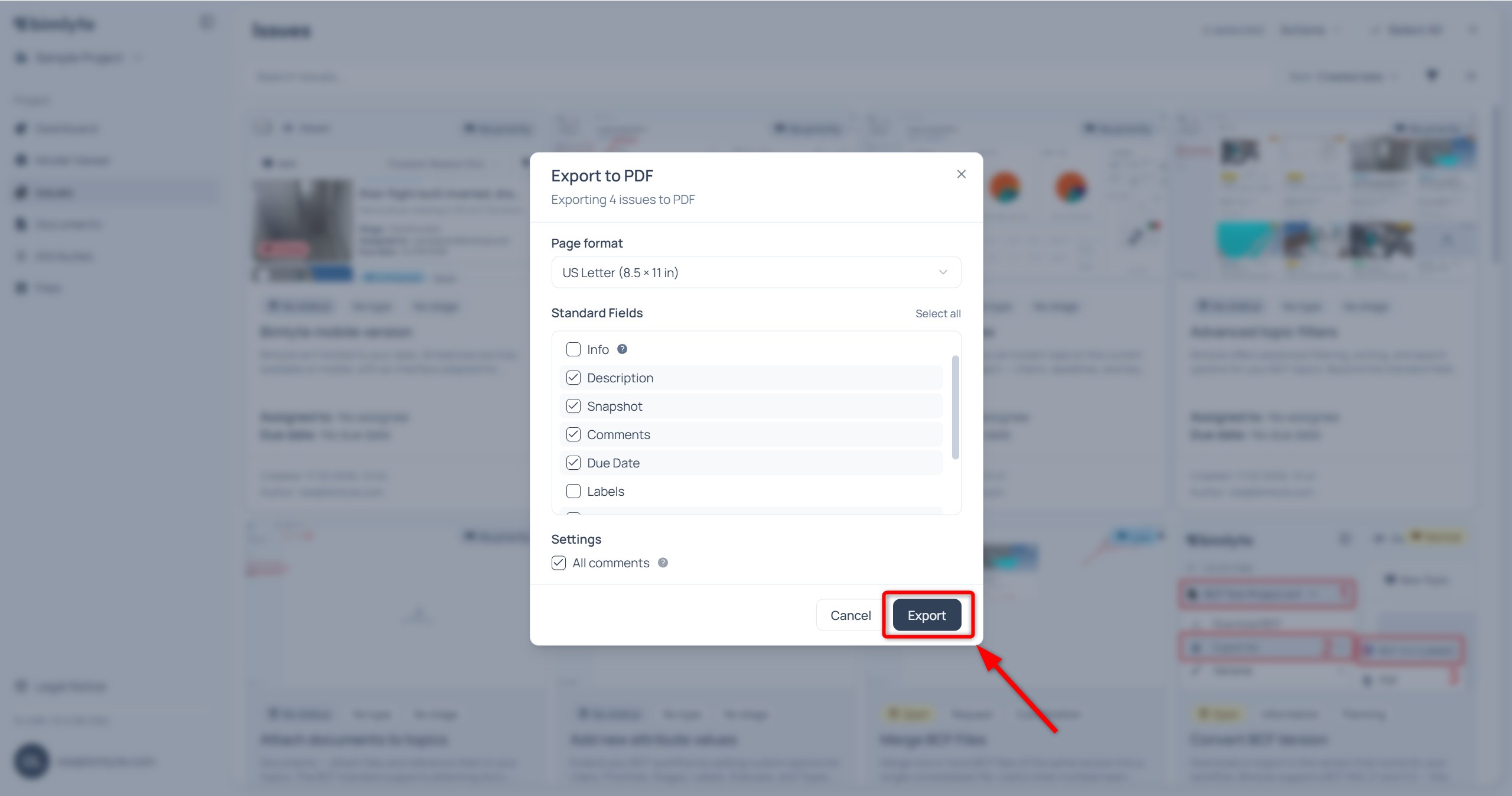 The PDF export dialog for the selected issues, with page size and field options