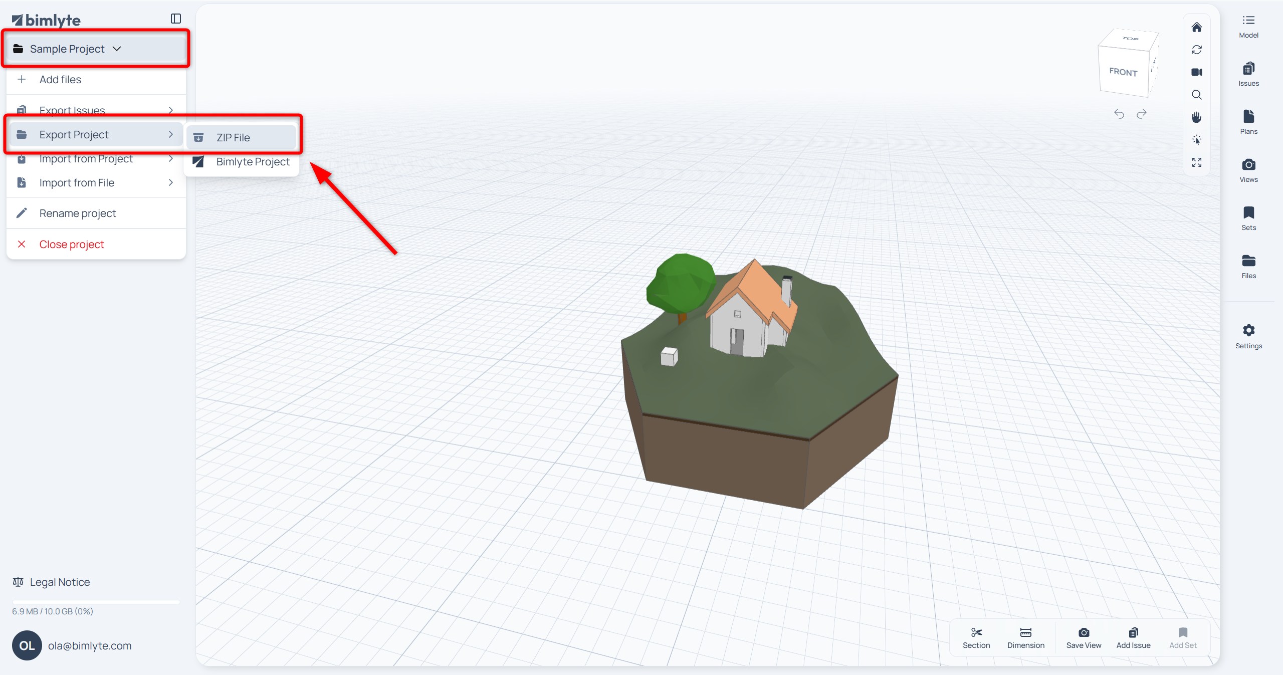 The sidebar project menu with Export Project expanded and ZIP file selected