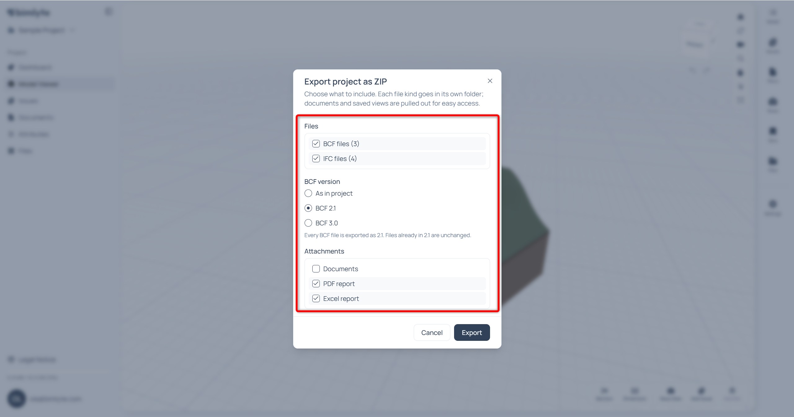 The ZIP export dialog with IFC and BCF files ticked, the BCF version chosen and the attachment options