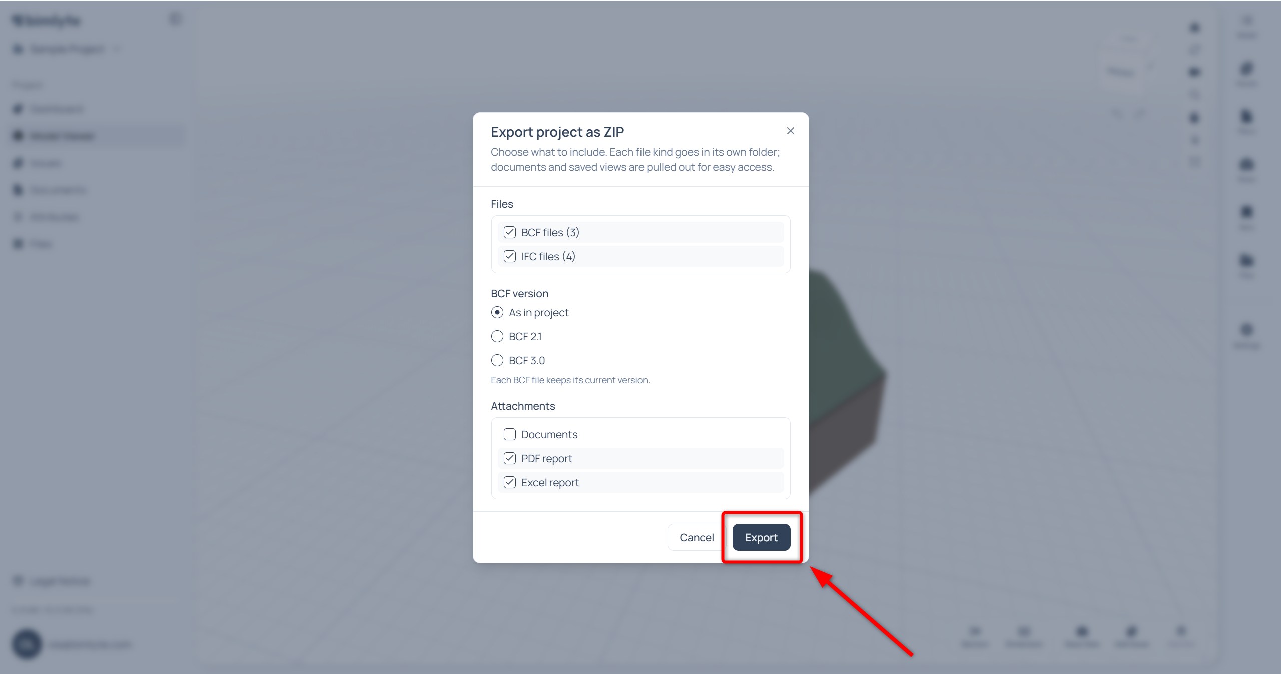 The Export button in the ZIP dialog, starting the download
