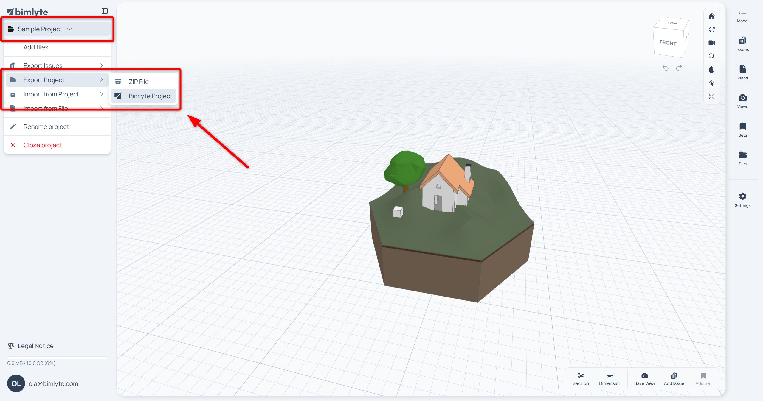 The sidebar project menu with Export Project expanded and Bimlyte project selected