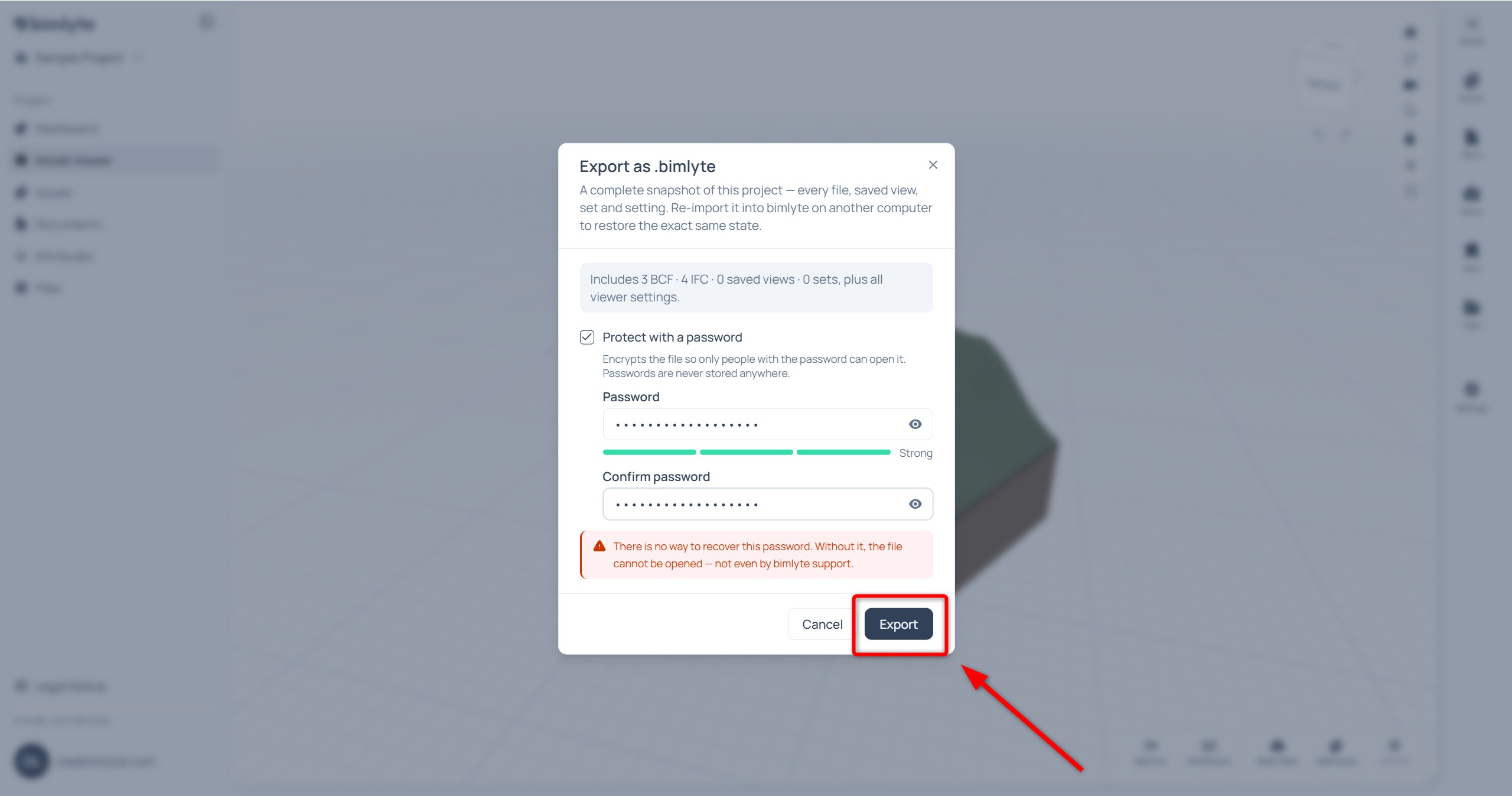 The export dialog listing the package contents, with the Protect with password option and the Export button