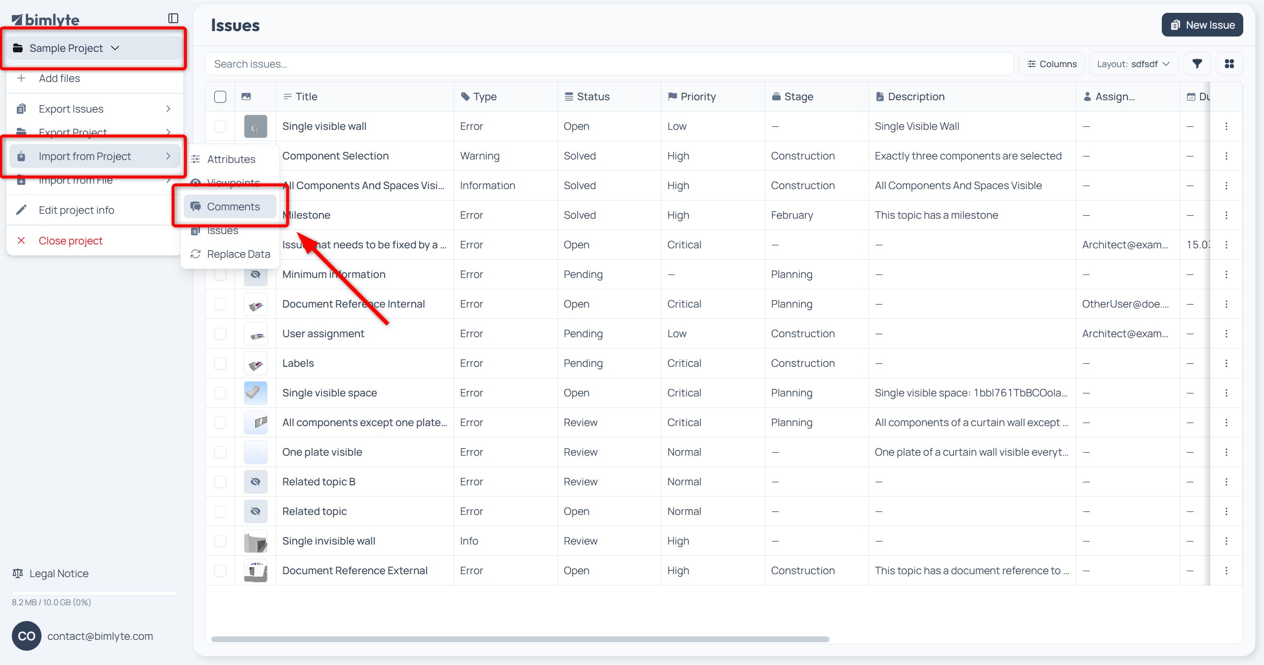 The sidebar project menu with Import from Project / File open on Comments