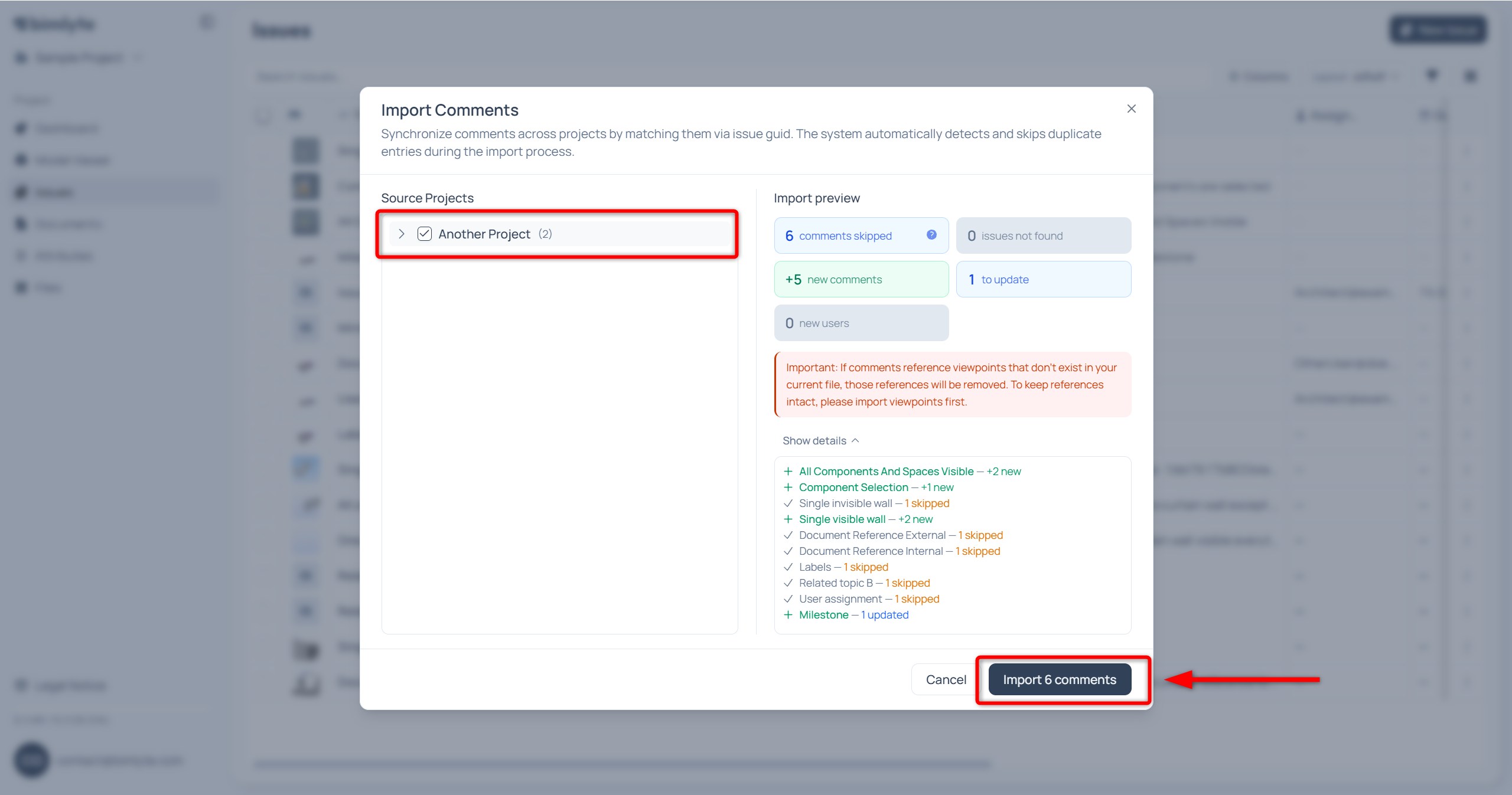 The comment merge dialog previewing matched issues and how many comments will be added, updated or skipped