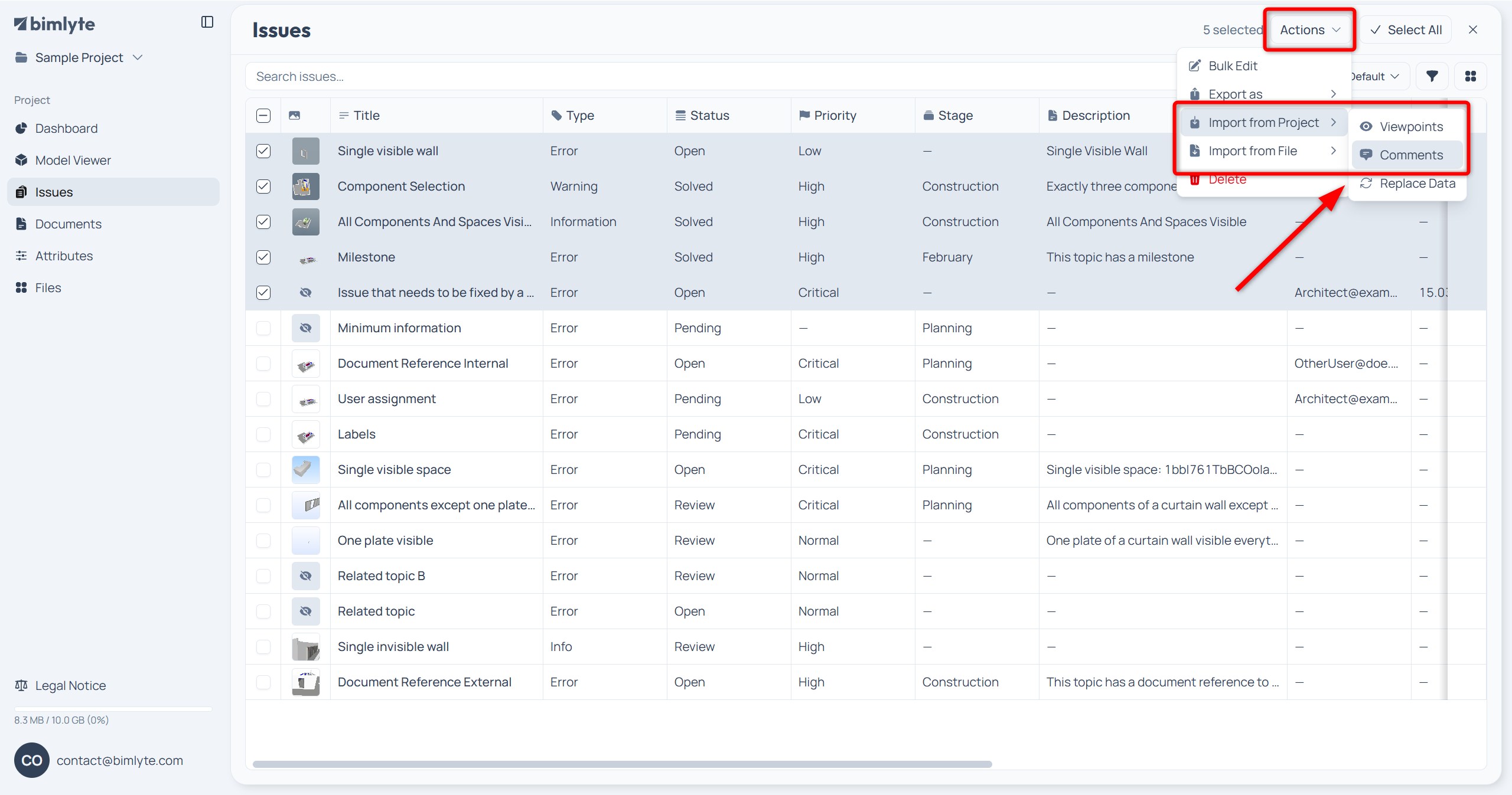 The Actions menu in the Issues toolbar open on Import from File / Project and Comments