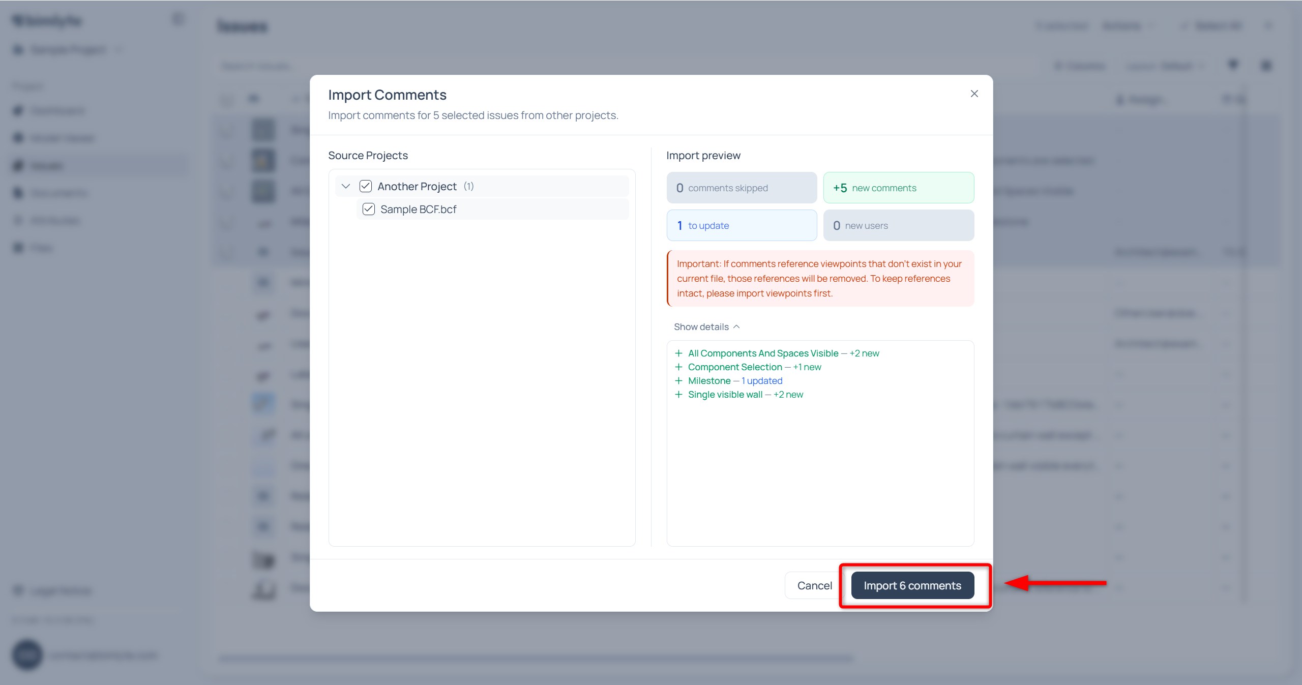 The merge dialog for the selected issues, previewing the comment changes before import
