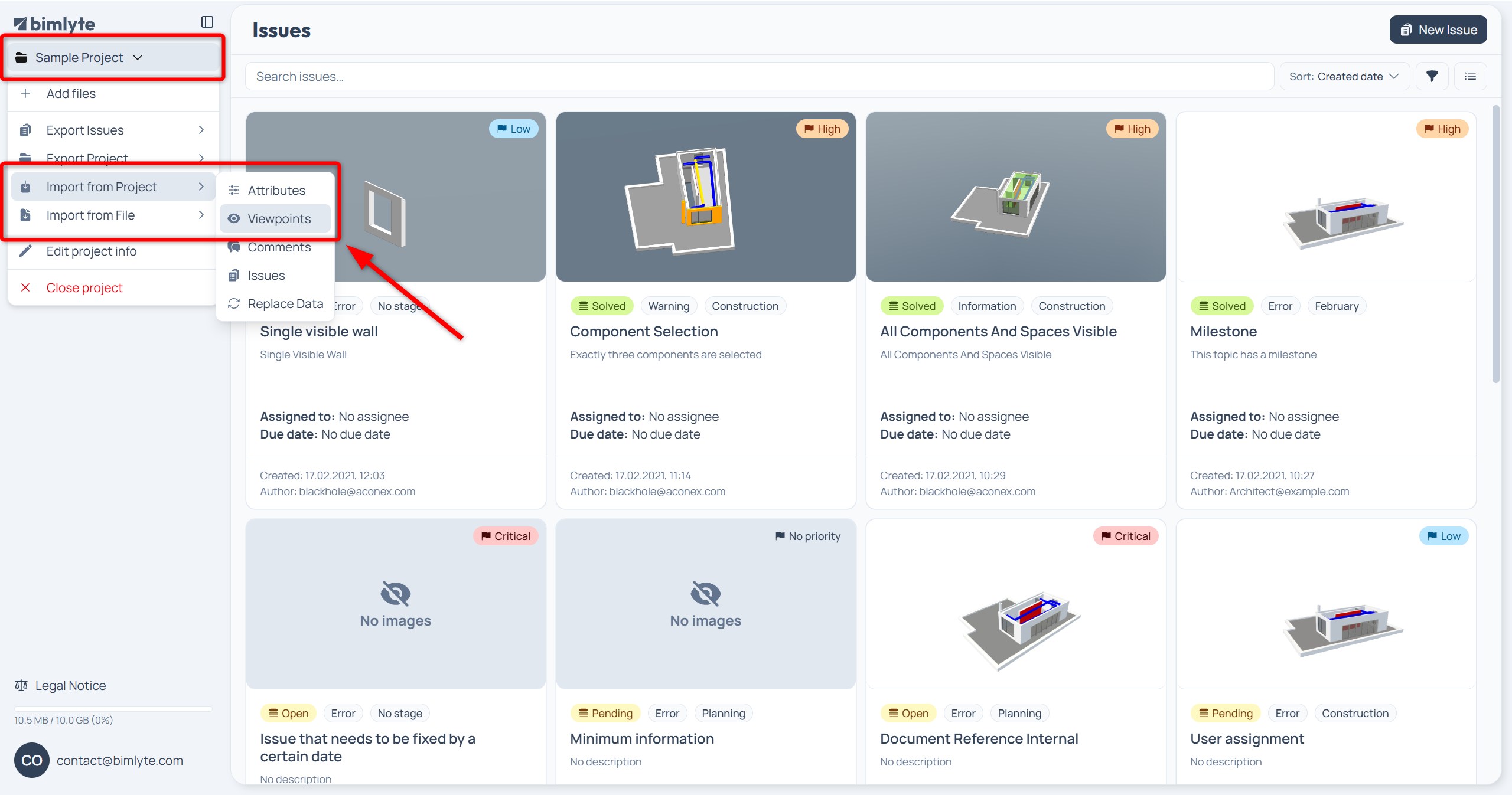 The sidebar project menu with Import from Project / File open on Viewpoints