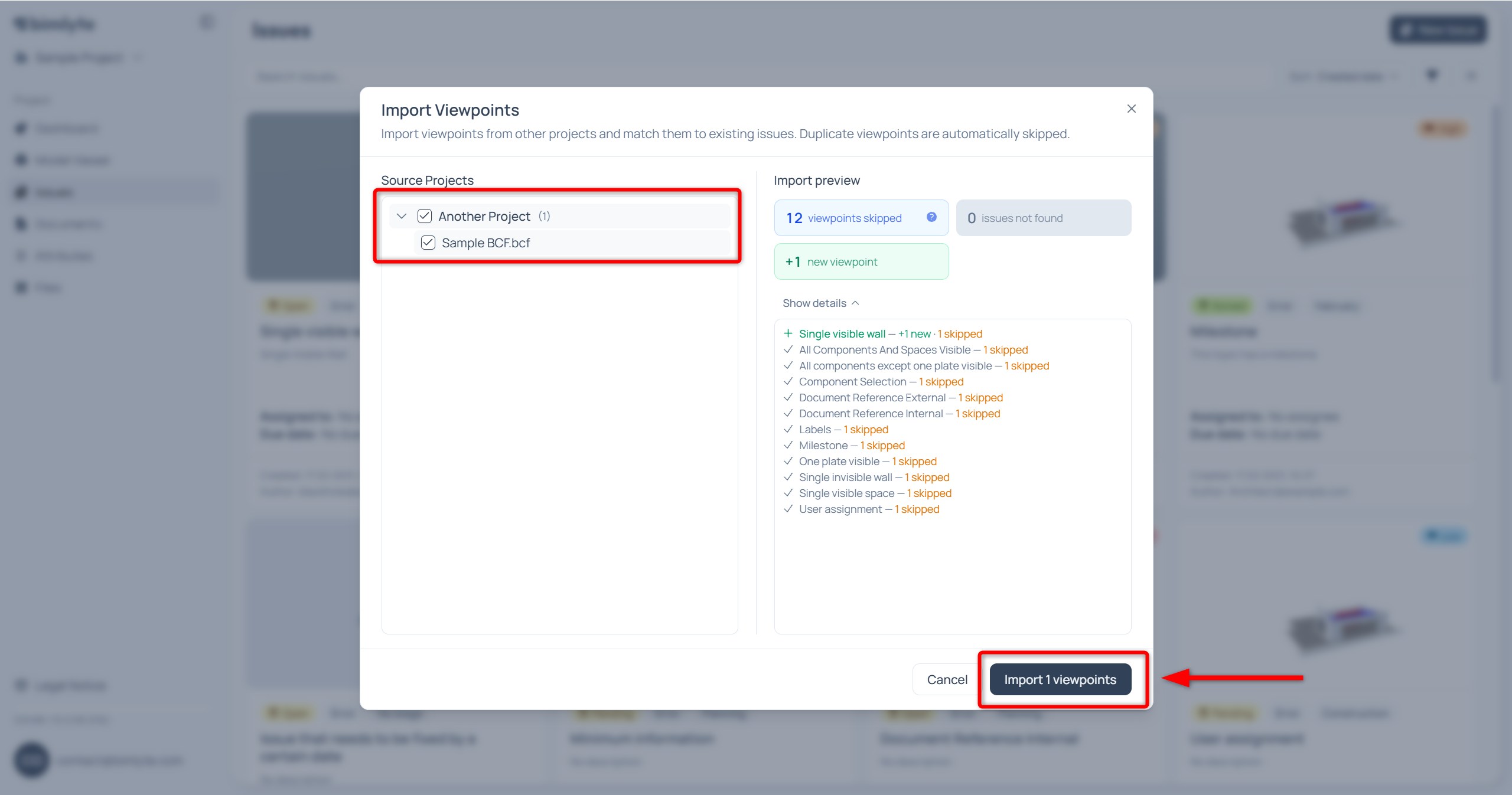 The viewpoint merge dialog previewing matched issues and how many viewpoints will be added or skipped