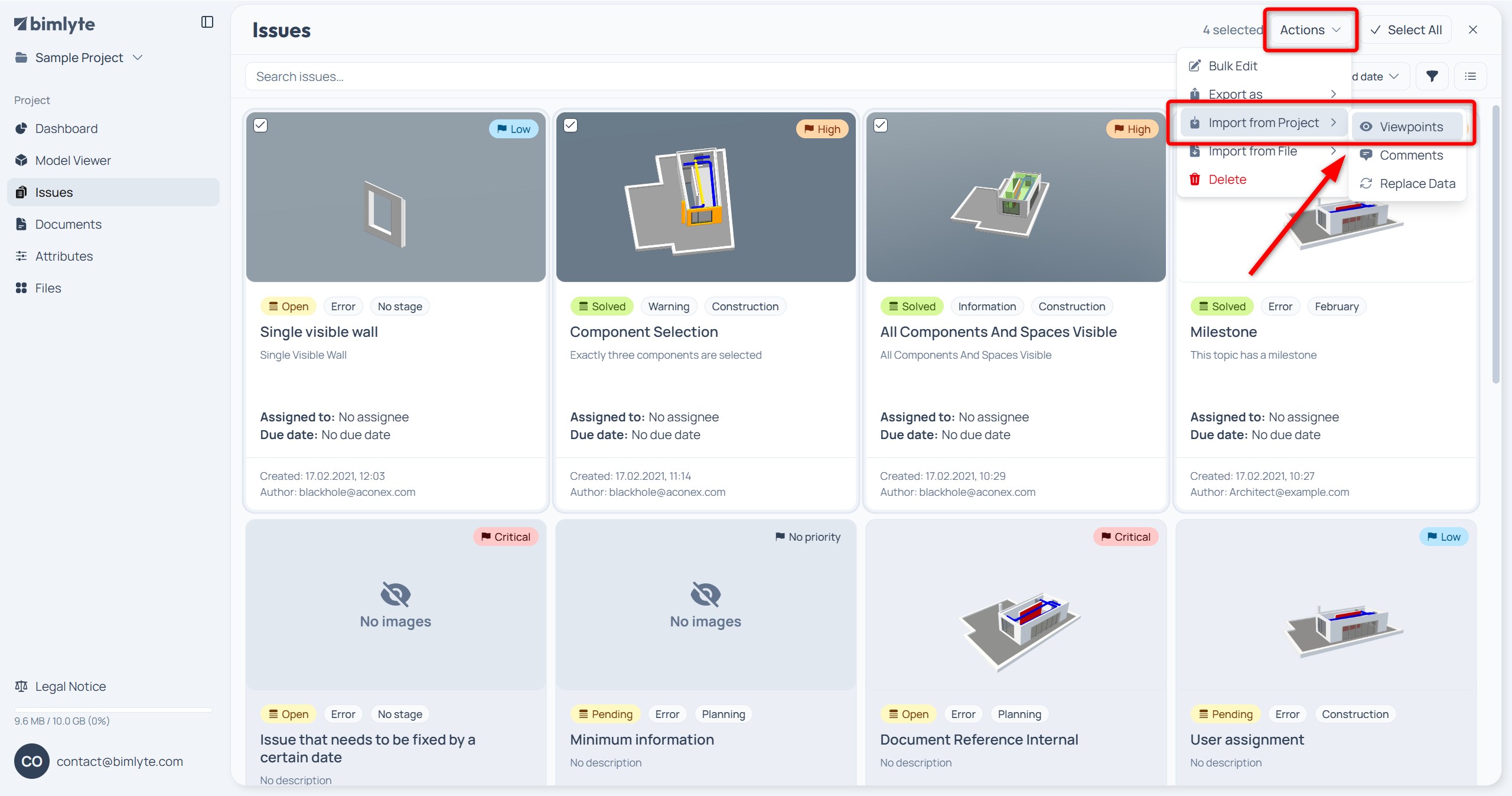 The Actions menu in the Issues toolbar open on Import from File / Project and Viewpoints