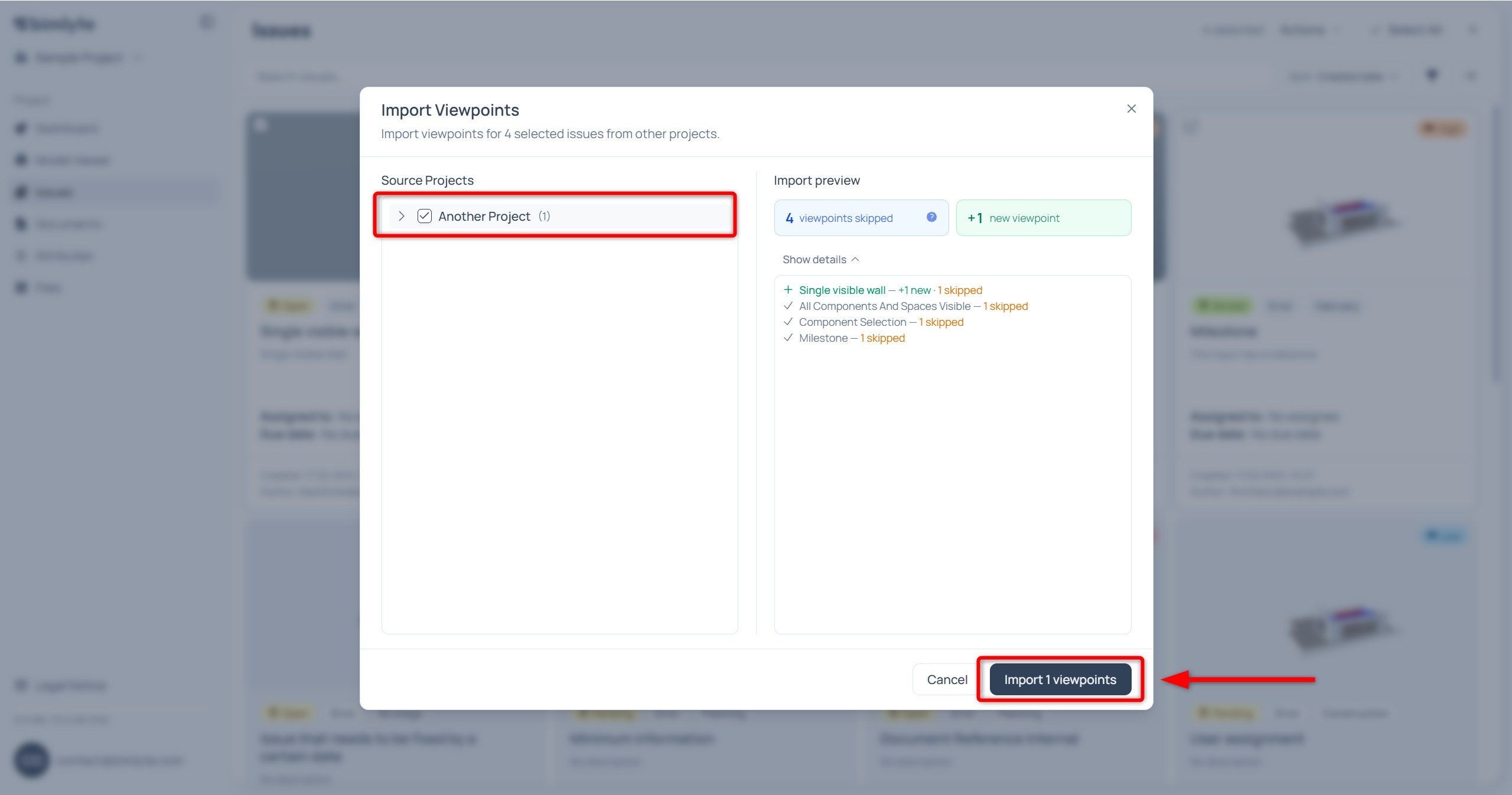 The merge dialog for the selected issues, previewing the viewpoints to be added before import