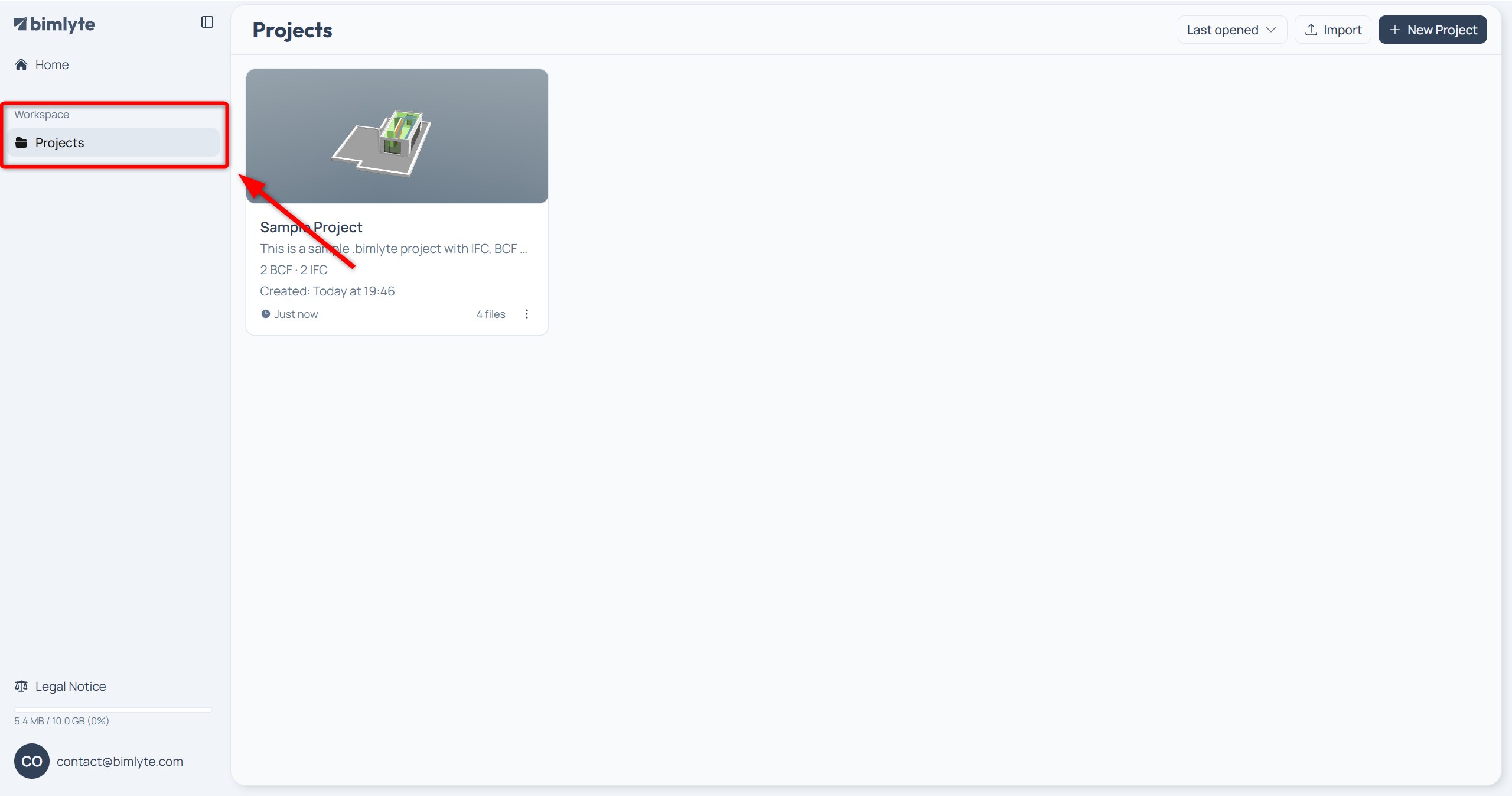 The Projects page listing every Bimlyte project saved in this browser