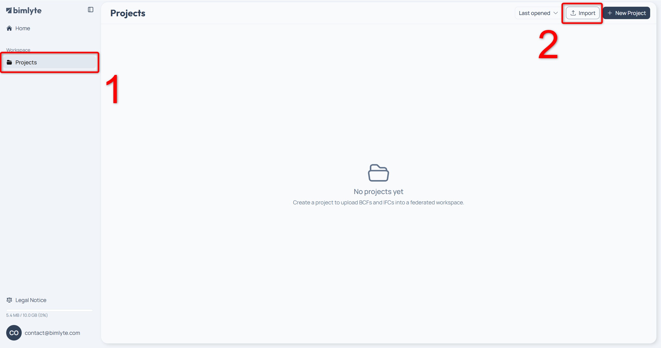 The Import button in the top-right of the Projects page, used to open a shared .bimlyte file