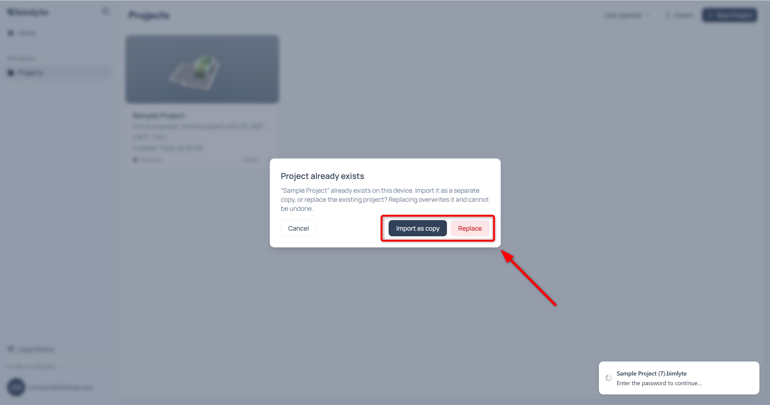 The Project already exists dialog offering Import as copy, Replace and Cancel